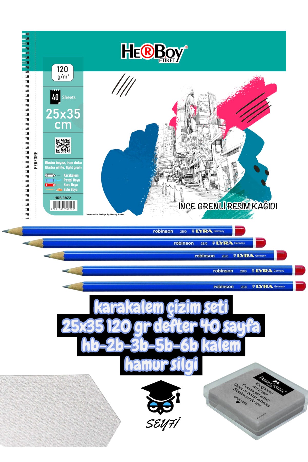 kara kalem çizim seti 25x35 120 gr defter 40 sayfa hb-2b-3b-5b-6b kalem hamur silgi herboy