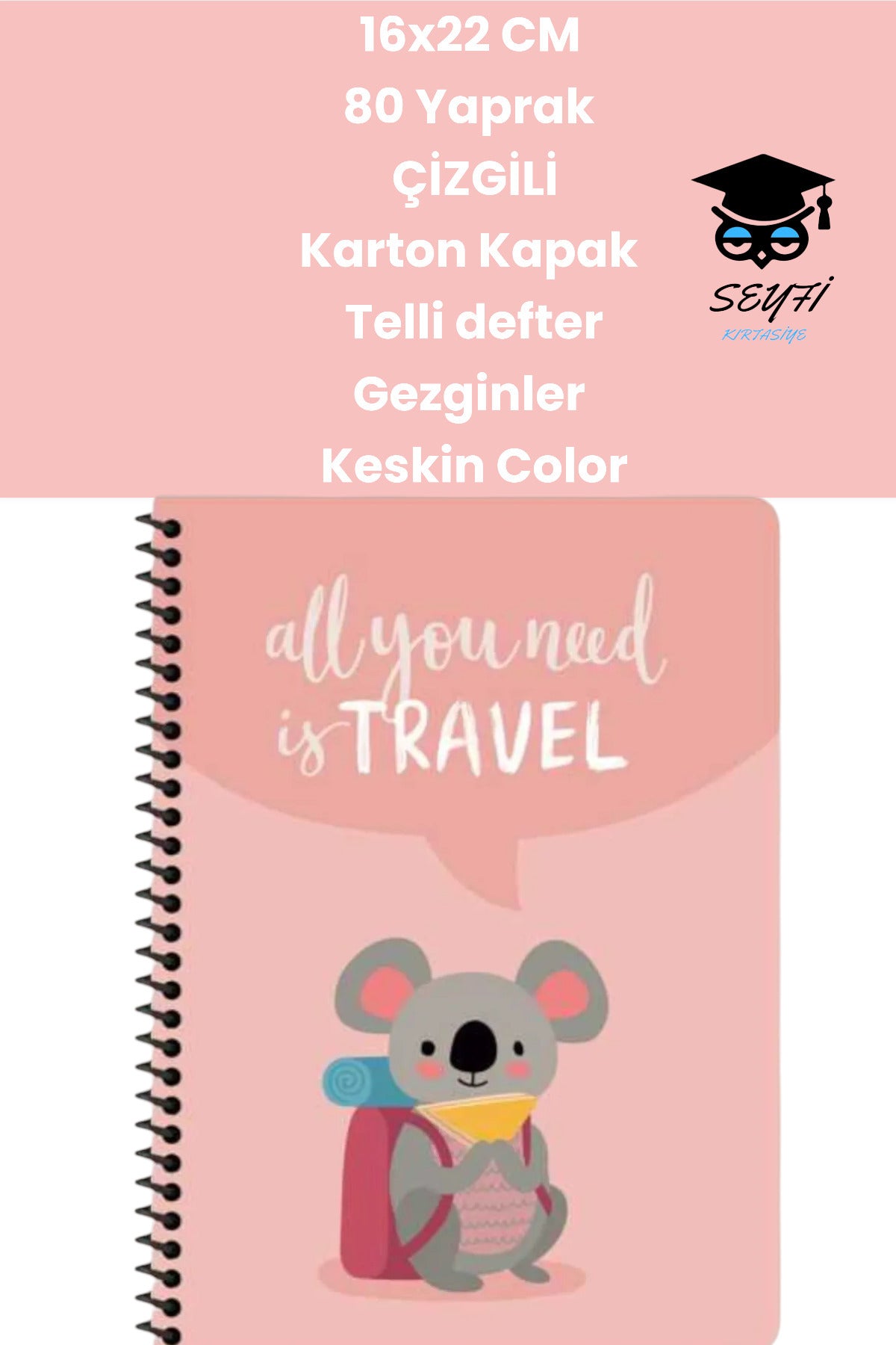16x22 CM 80 Yaprak Çizgili Karton Kapak Telli defter Gezginler Keskin Color