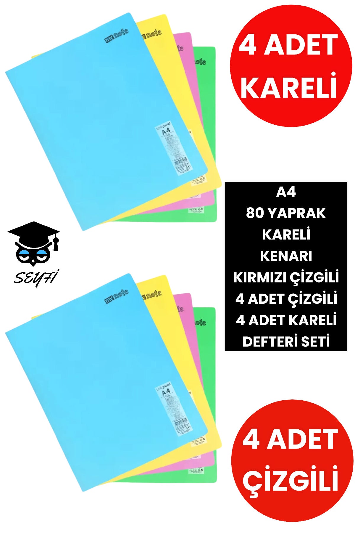 8 adet a4 80 yaprak kareli defter 4 adet çizgili 4 adet kareli plastik kapak defter telsiz