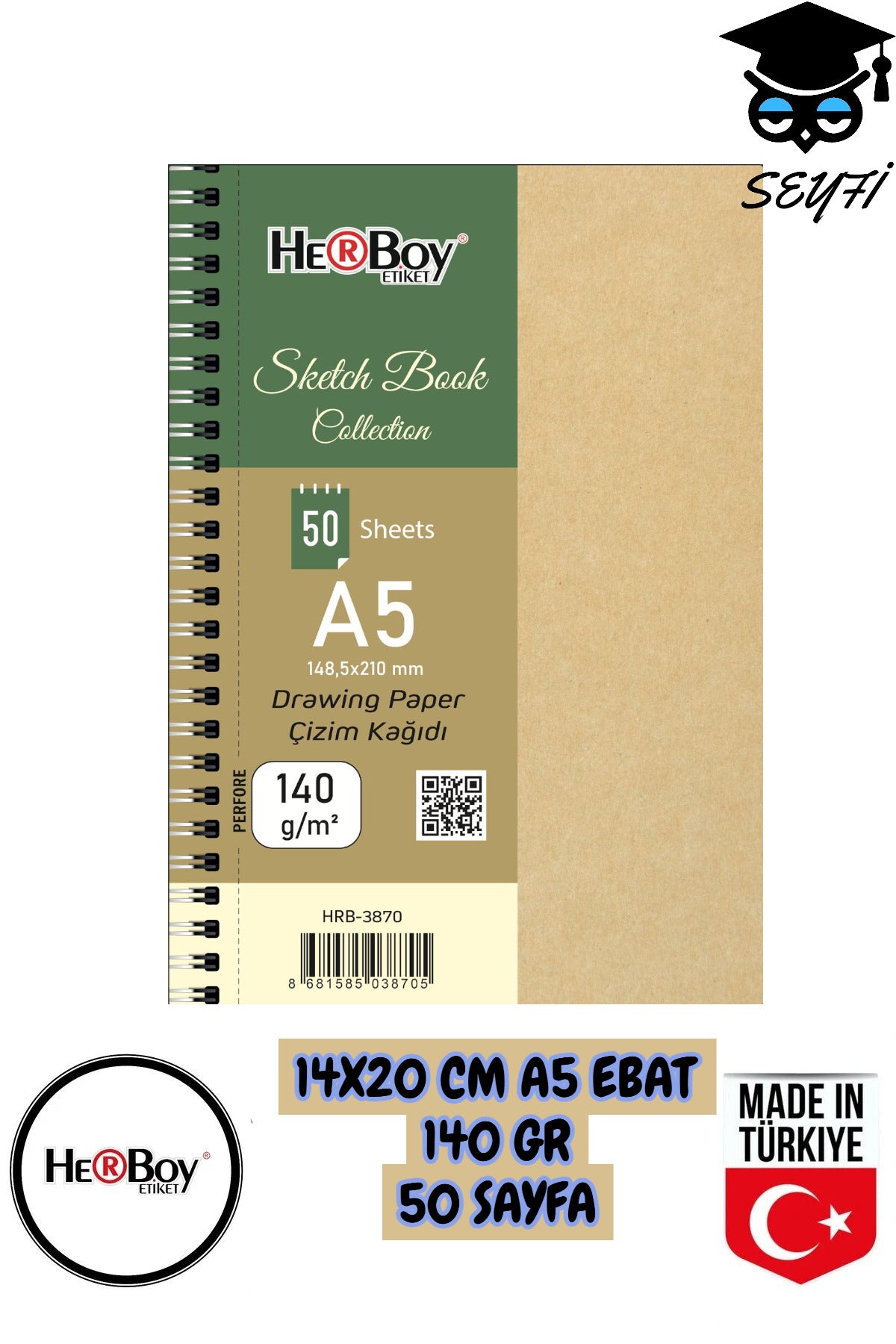 14X20 CM A5 eskiz kara kalem çizim defteri 140 gr TELLİ 50 sayfa HERBOY