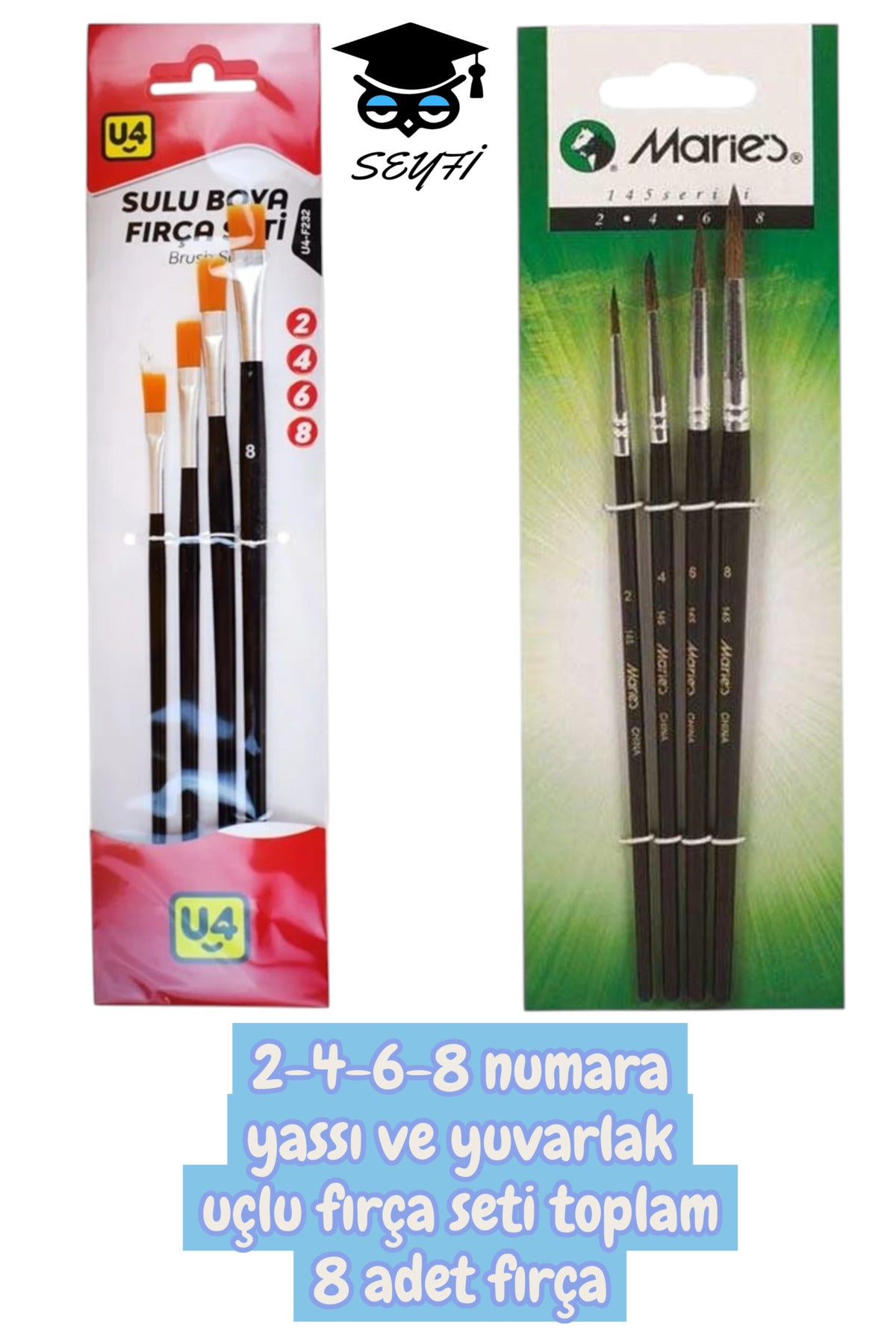 2-4-6-8 numara yassı ve yuvarlak uçlu fırça seti toplam 8 adet fırça