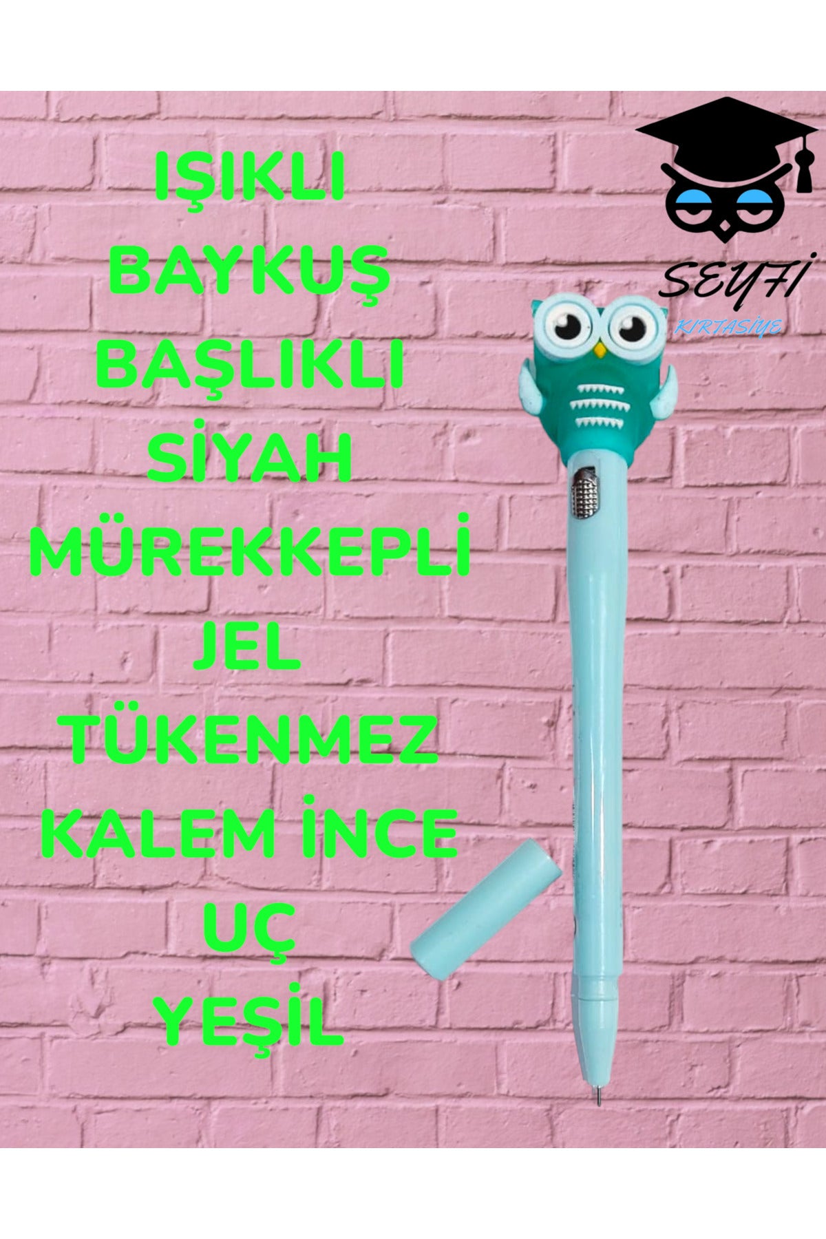 IŞIKLI BAYKUŞ BAŞLIKLI SİYAH MÜREKKEPLİ JEL TÜKENMEZ KALEM İNCE UÇ