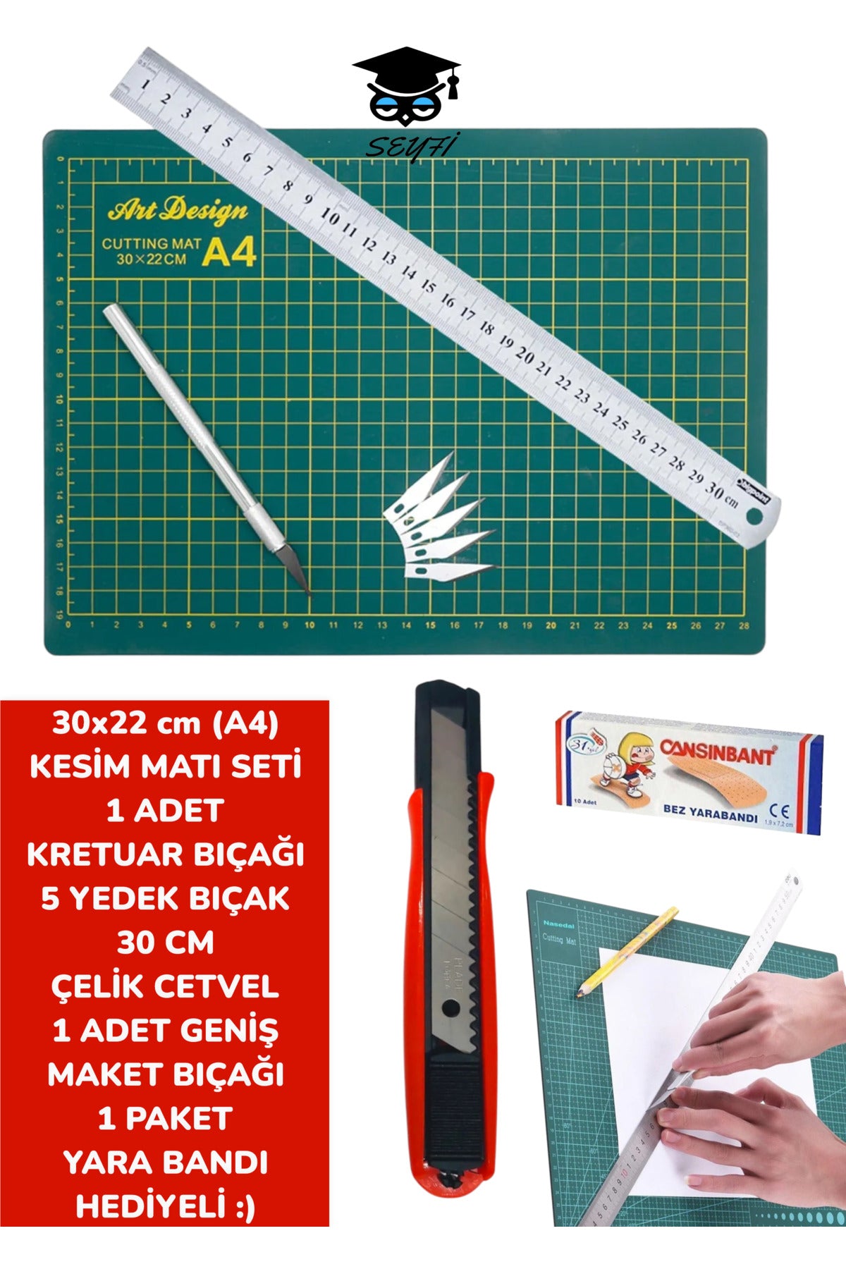 30x22 cm (A4) KESİM MATI SETİ 1 ADET KRETUAR BIÇAĞI 5 YEDEK BIÇAK 30 CM CETVEL 1 ADET MAKET BIÇAĞI