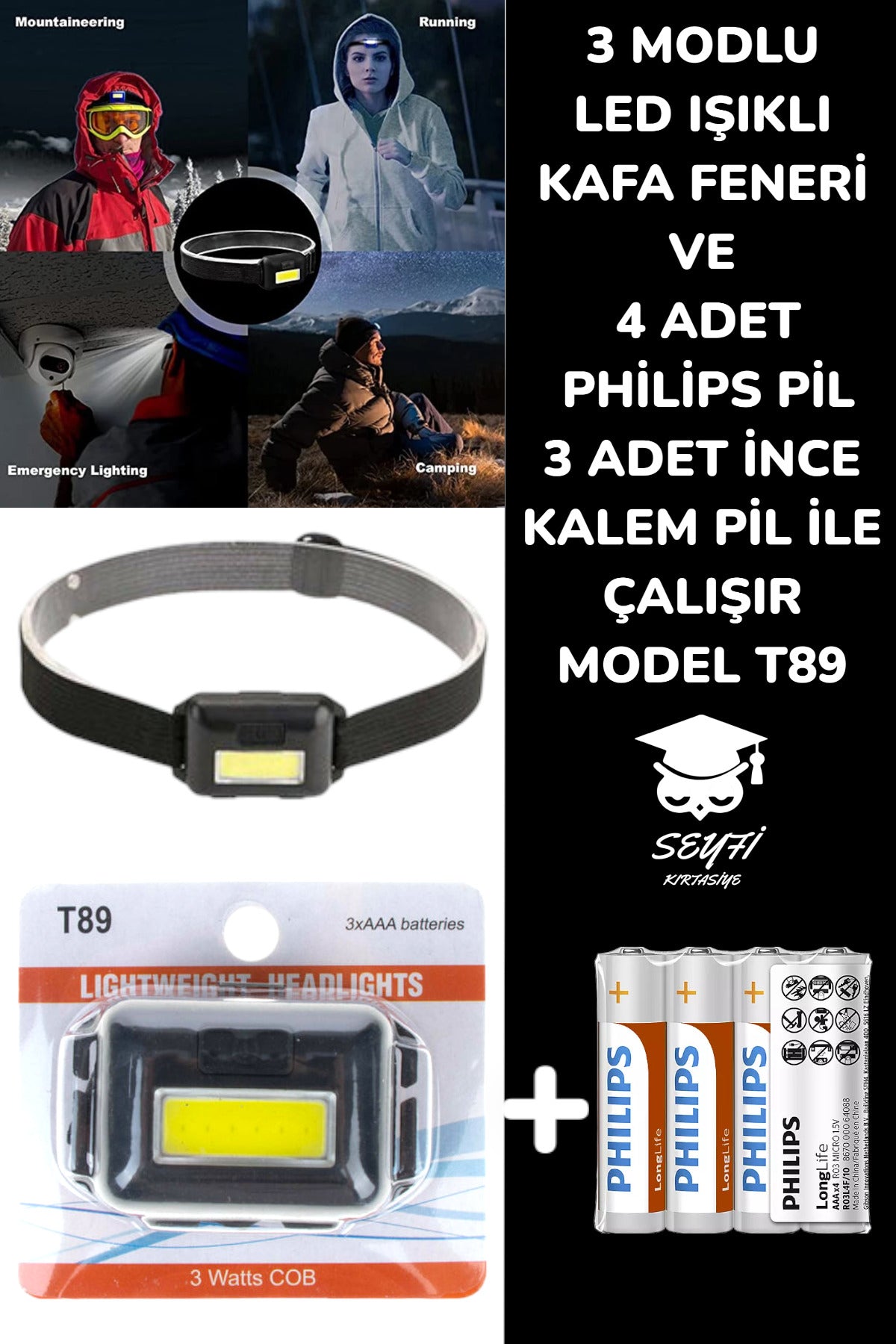 3 MODLU LED IŞIKLI KAFA FENERİ VE 4 ADET PHİLİPS PİL 3 ADET İNCE KALEM PİL İLE ÇALIŞIR MODEL T89