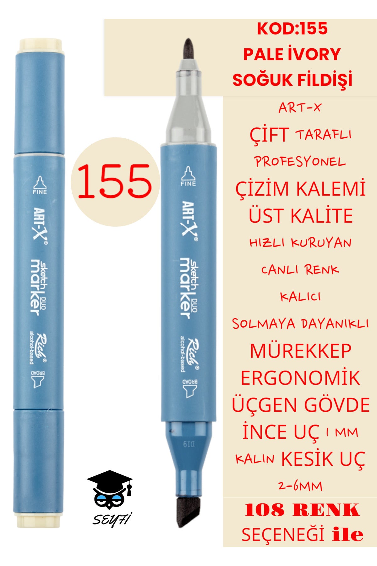 ÇİFT TARAFLI PROFESYONEL ÇİZİM KALEMİ KALICI MÜREKKEP ÜÇGEN GÖVDE İNCE UÇ 1 MM KESİK UÇ 2-6MM SKETCH