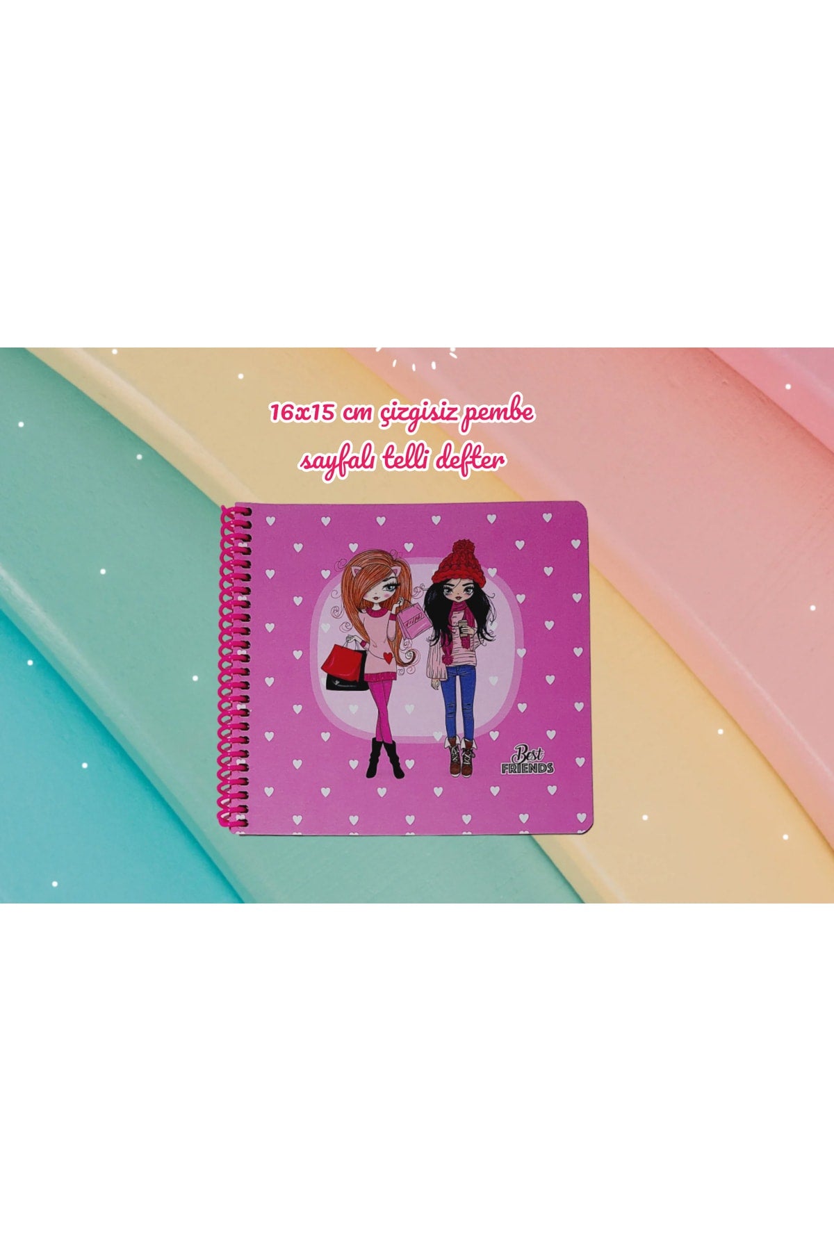 16x15 Cm Çizgisiz 72 Sayfa Pembe Kağıt Karton Kapak Telli Defter Best Friends