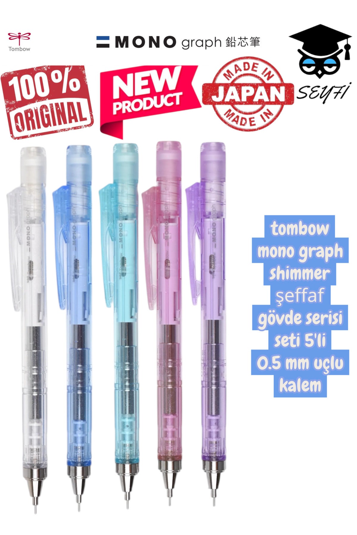 tombow mono graph shimmer şeffaf gövde serisi seti 5'li 0.5 mm uçlu kalem