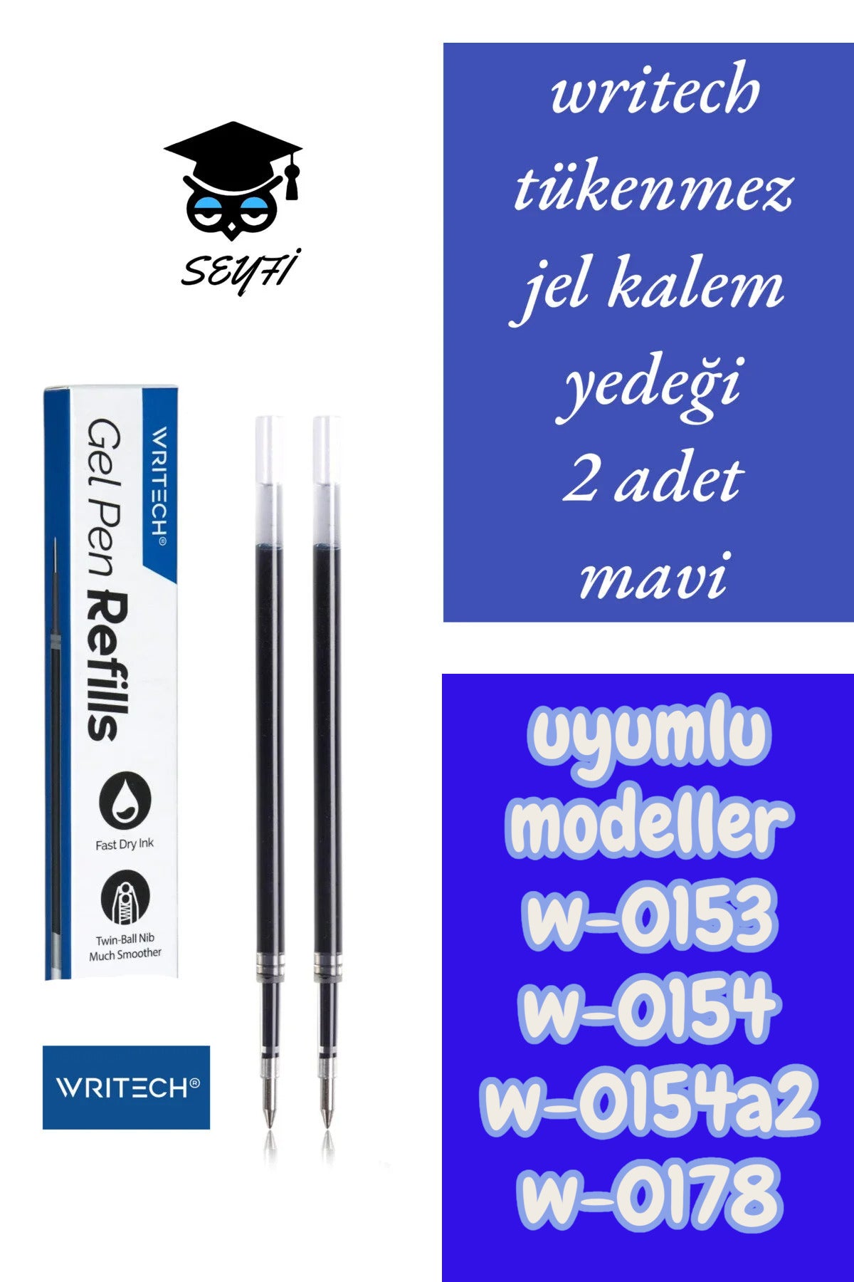 writech tükenmez kalem jel yedeği 2 adet mavi uyumlu modeller w-0153 w-0154 w-0154a2 w-0178