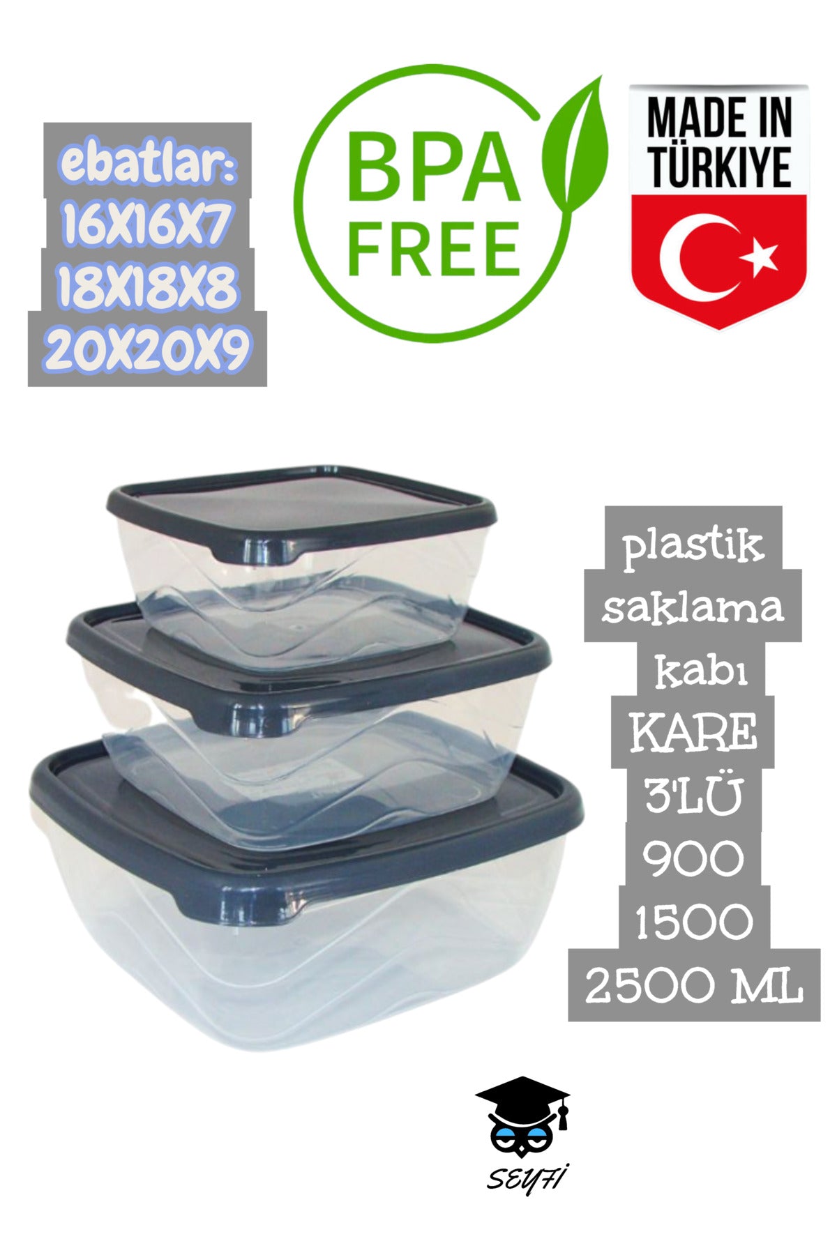plastik saklama kabı KARE 3'LÜ 900 1500 2500 ML