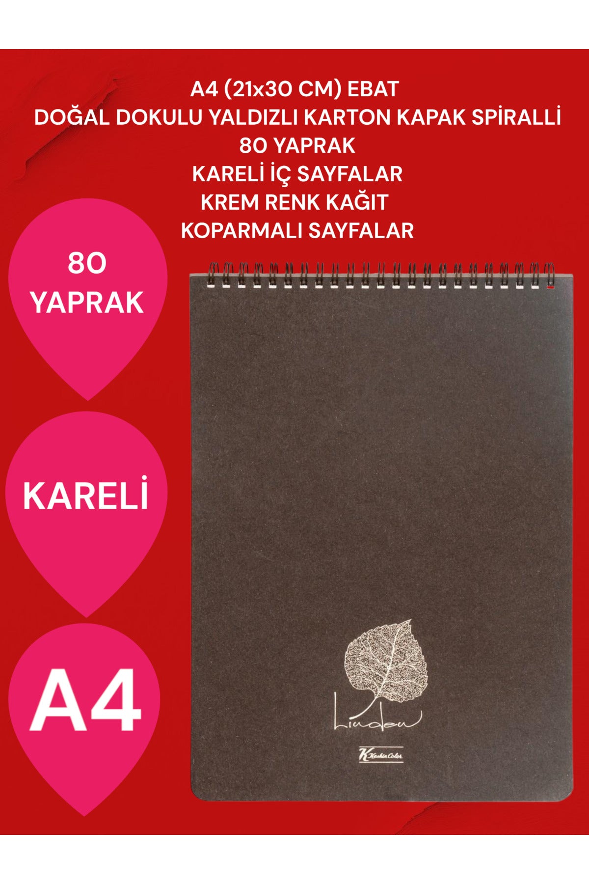 KARELİ A4 (21x30 CM) 80 YAPRAK KARTON KAPAK SPİRALLİ KREM RENK SAYFALAR ÜSTTEN AÇILIR LİNDEN