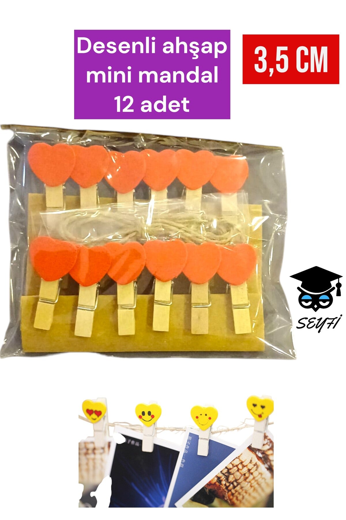 Desenli ahşap mini mandal 12 adet 3,5 cm süsleme mandalı