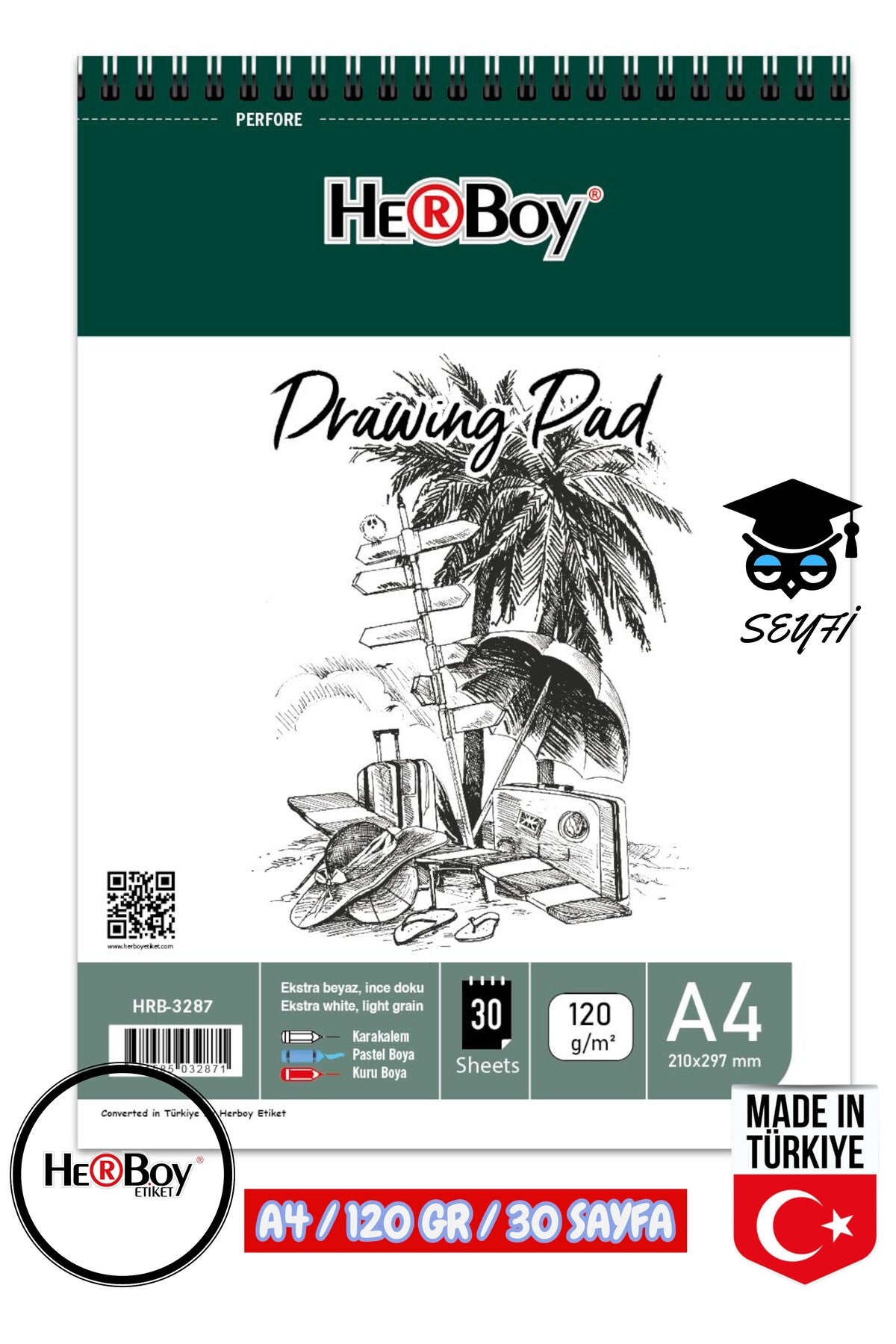 20X30 CM A4 eskiz kara kalem çizim defteri 120 gr TELLİ 30 sayfa HERBOY