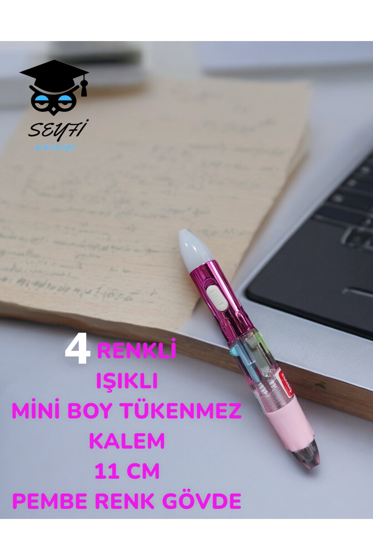 4 RENKLİ IŞIKLI MİNİ BOY TÜKENMEZ KALEM 11 CM RENKLİ GÖVDE