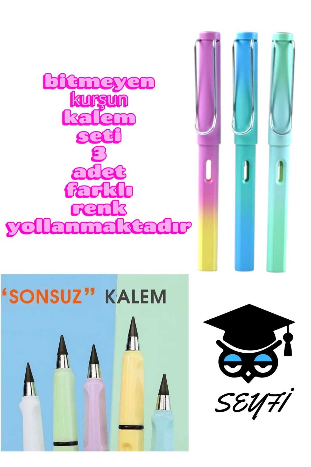 bitmeyen kurşun kalem seti 3 adet farklı renk yollanmaktadır