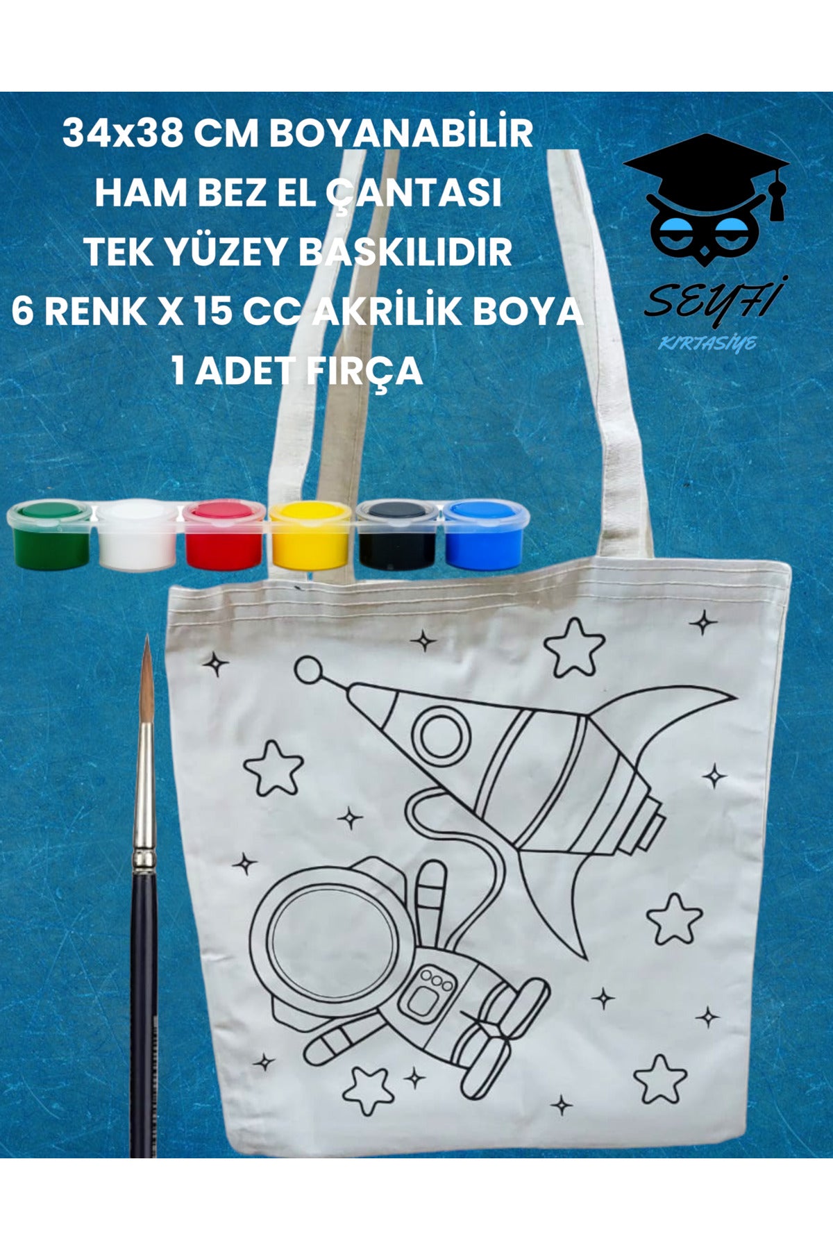 34x38 CM BOYANABİLİR HAM BEZ EL ÇANTASI TEK YÜZEY BASKILIDIR 6 RENK X 15 CC AKRİLİK BOYA 1 FIRÇA