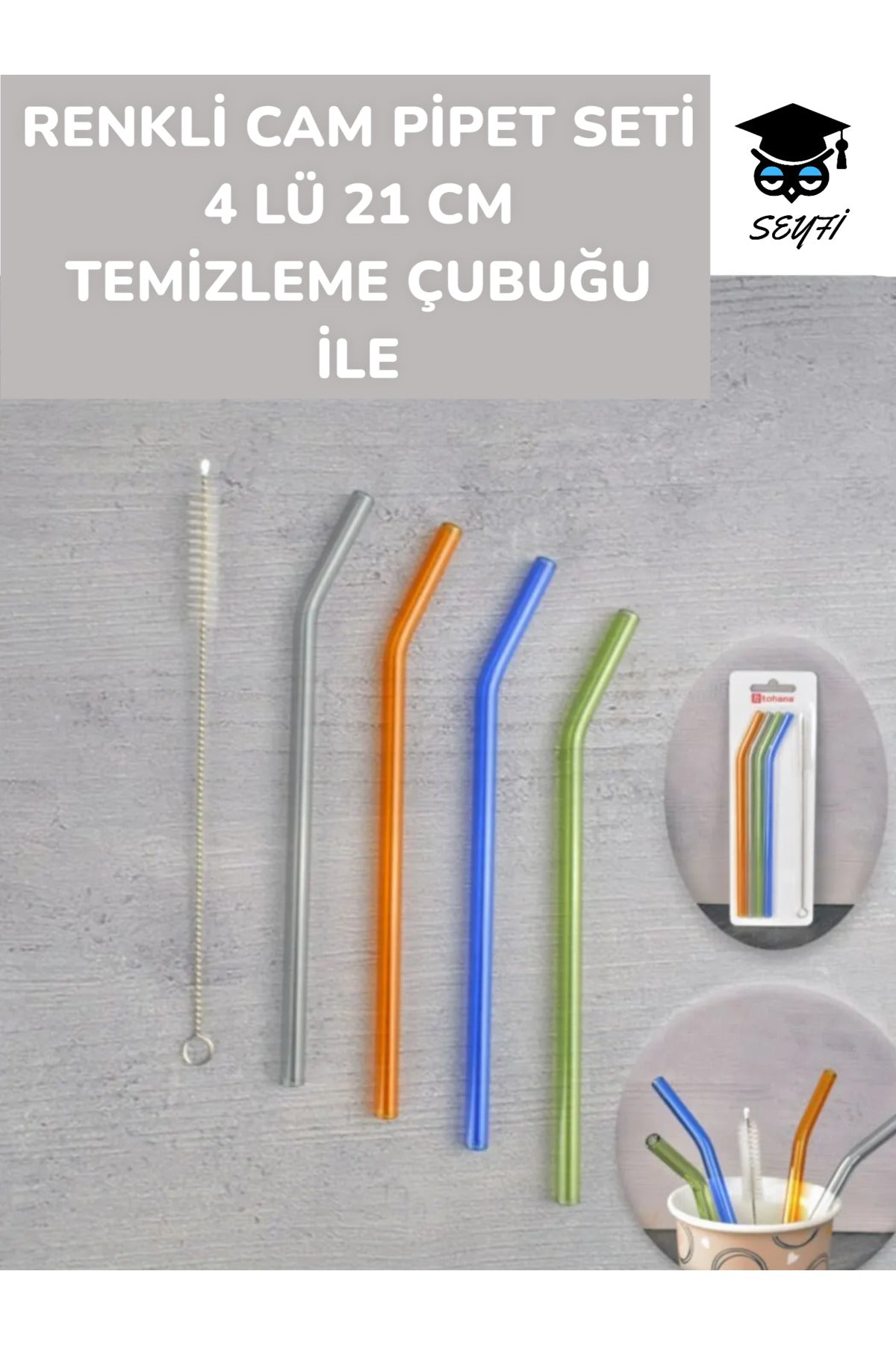 RENKLİ CAM PİPET SETİ 4 LÜ 21 CM TEMİZLEME ÇUBUĞU İLE