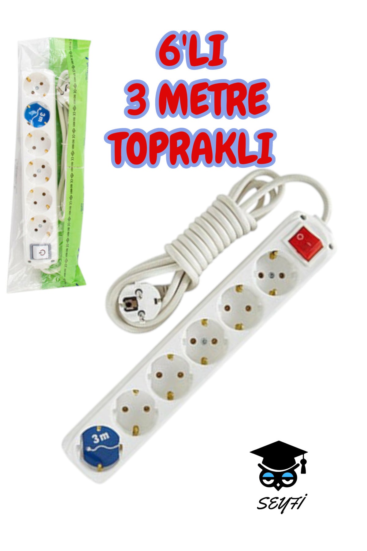 Grup Priz Topraklı 6'lı 3 metre Anahtarlı Uzatma Kablosu