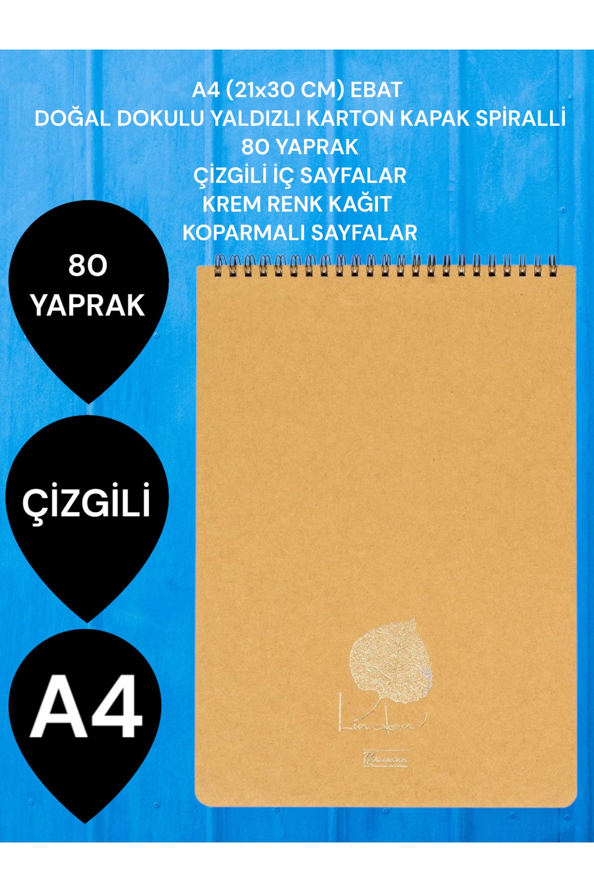 ÇİZGİLİ A4 (21x30 CM) 80 YAPRAK KARTON KAPAK SPİRALLİ KREM RENK SAYFALAR ÜSTTEN AÇILIR LİNDEN