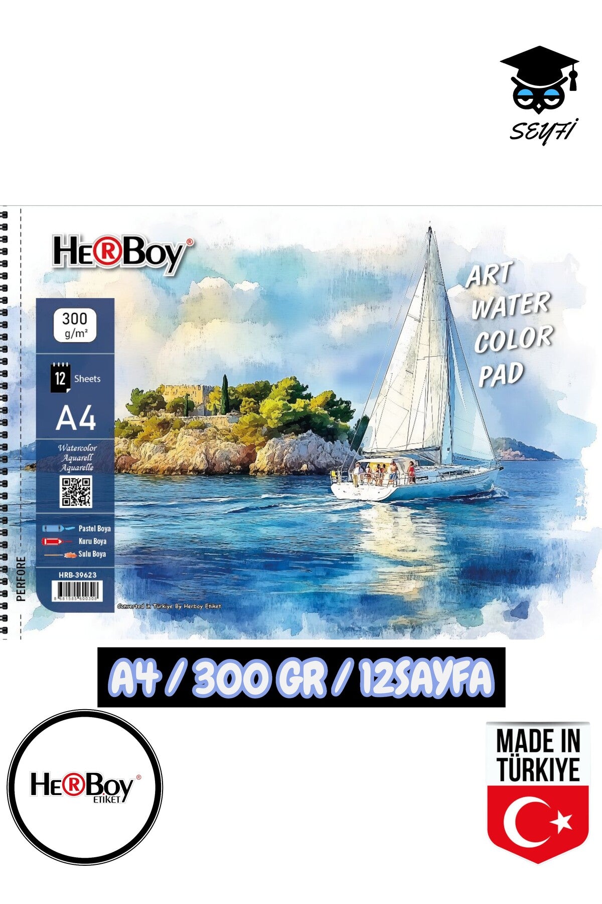 20X30 CM A4 sulu boya eskiz kara kalem çizim defteri 300 gr TELLİ 12 sayfa HERBOY