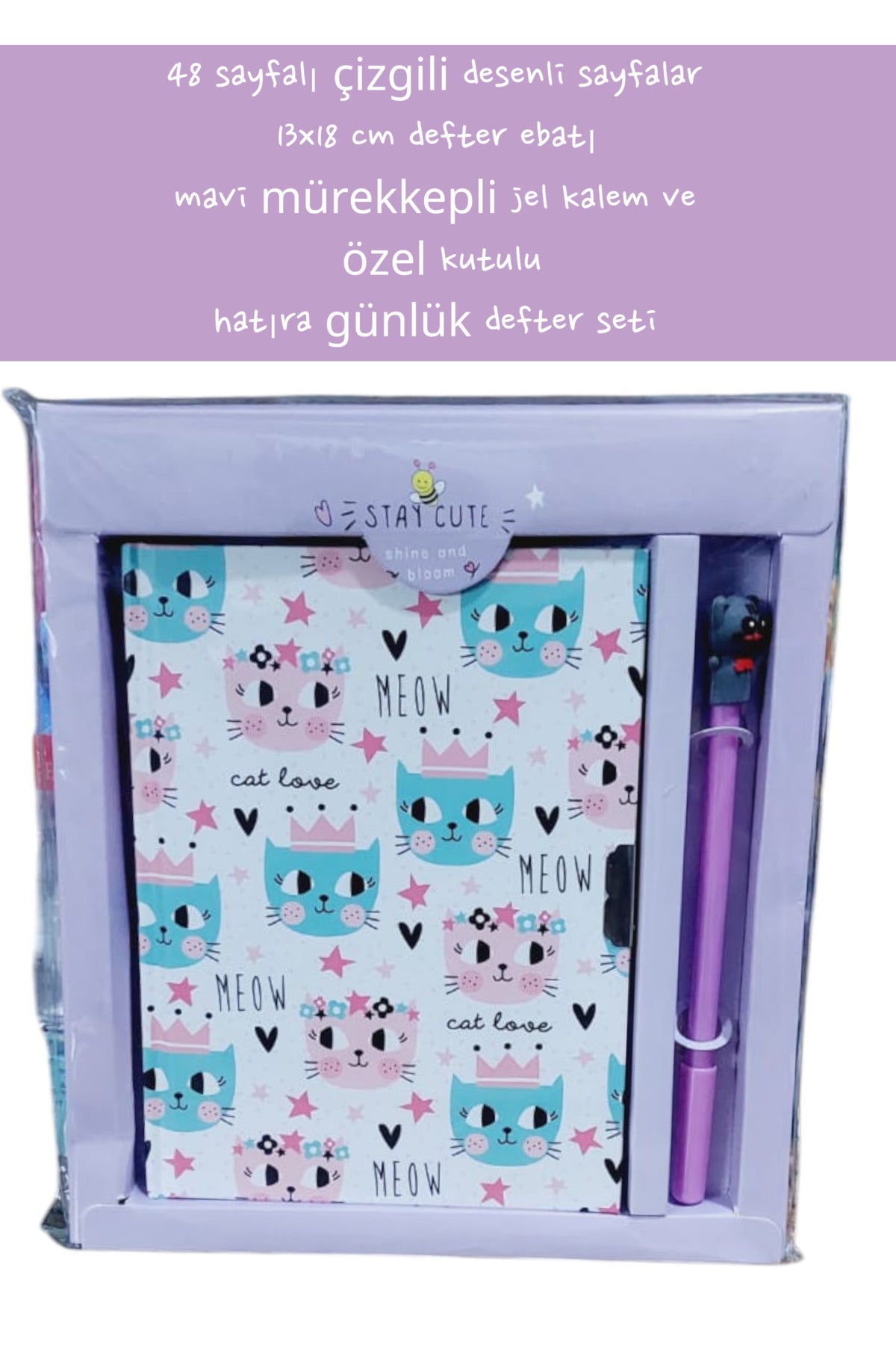 48 sayfalı çizgili desenli sayfalar 13x18 cm defter ebatı mavi mürekkepli jel kalem özel kutulu