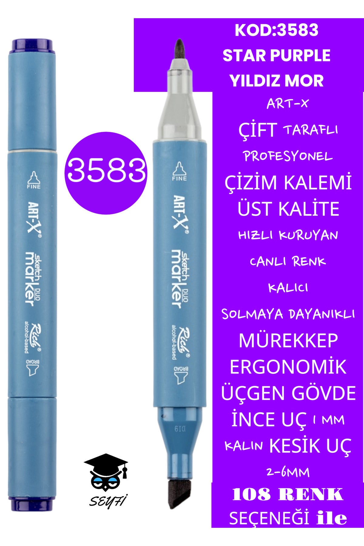 ÇİFT TARAFLI PROFESYONEL ÇİZİM KALEMİ KALICI MÜREKKEP ÜÇGEN GÖVDE İNCE UÇ 1 MM KESİK UÇ 2-6MM SKETCH