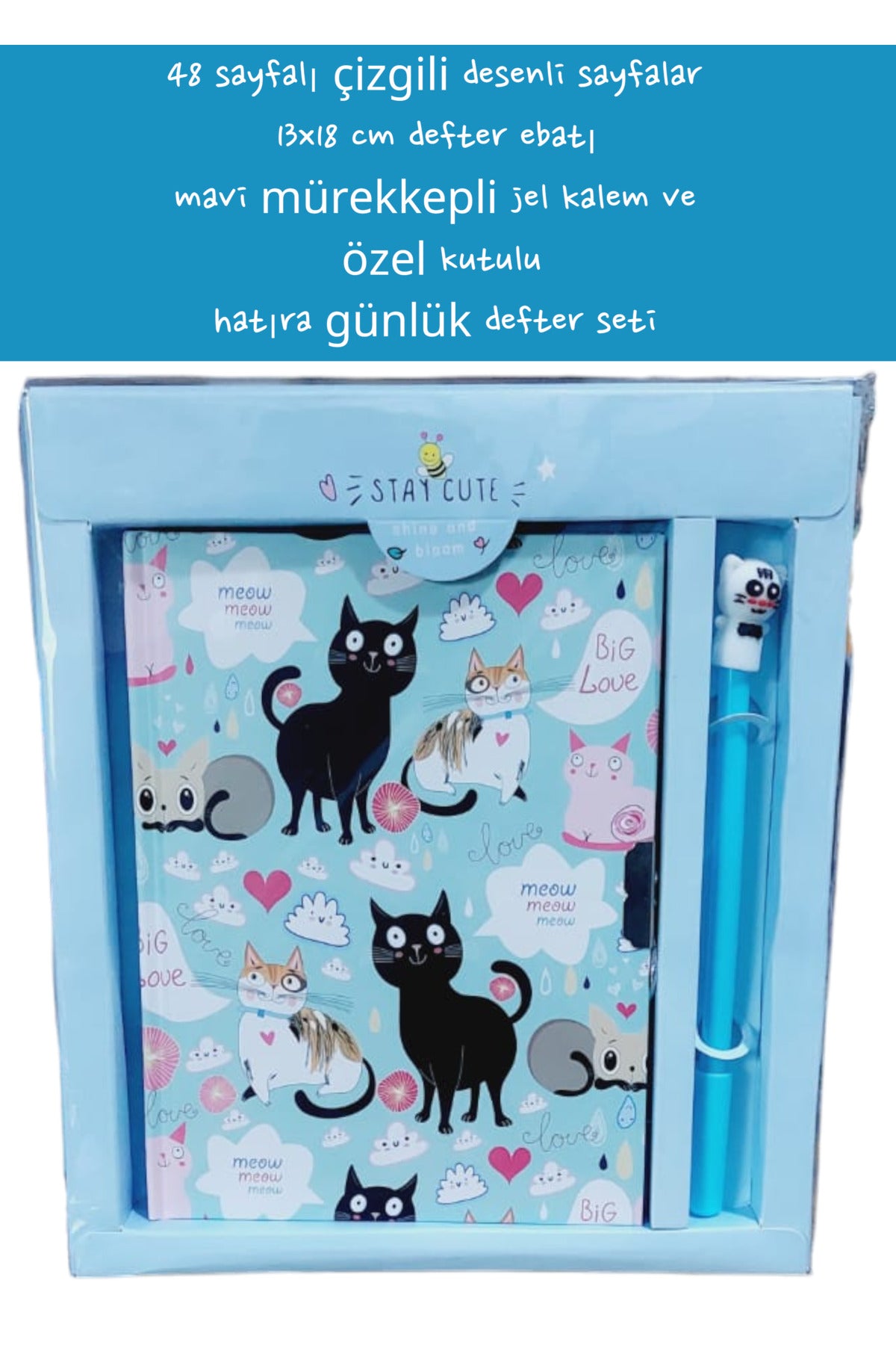 48 sayfalı çizgili desenli sayfalar 13x18 cm defter ebatı mavi mürekkepli jel kalem özel kutulu