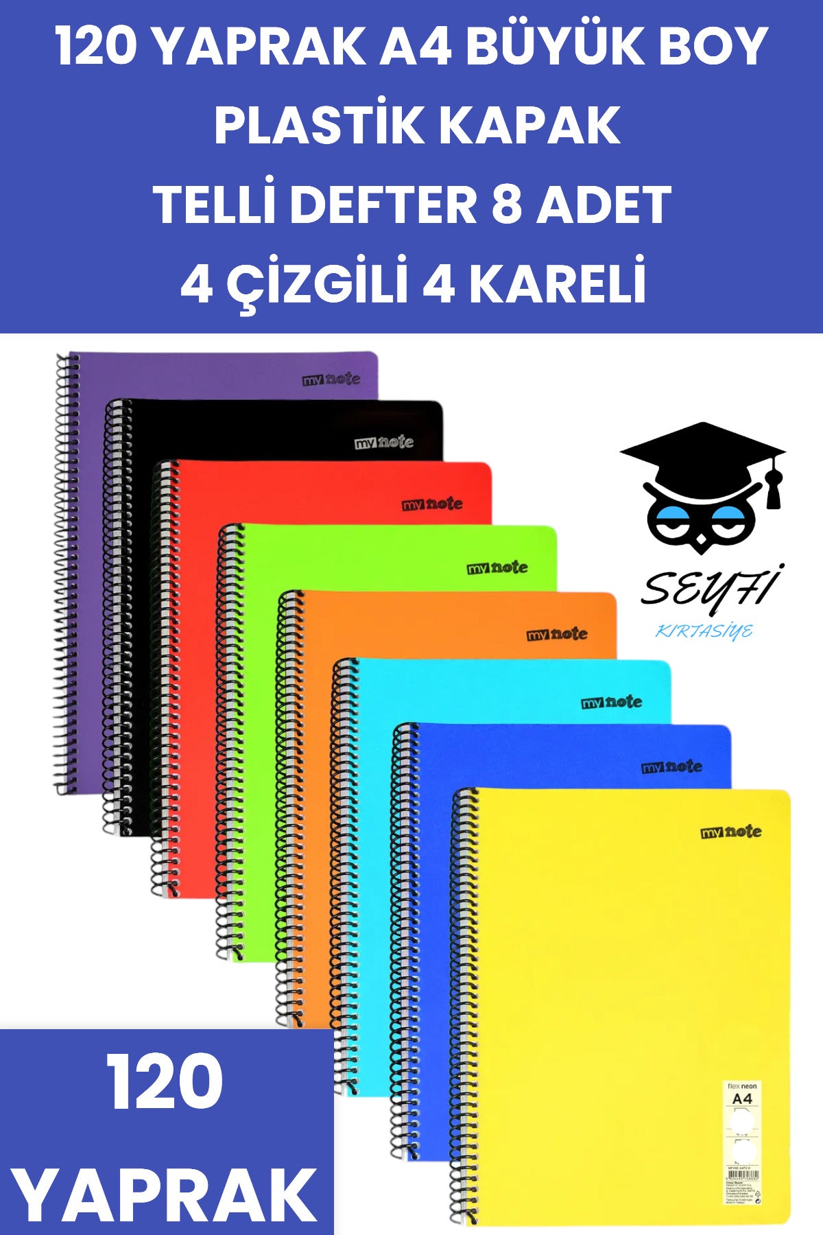 120 YAPRAK A4 TELLİ DEFTER 8 ADET 4 ÇİZGİLİ 4 KARELİ PLASTİK KAPAK