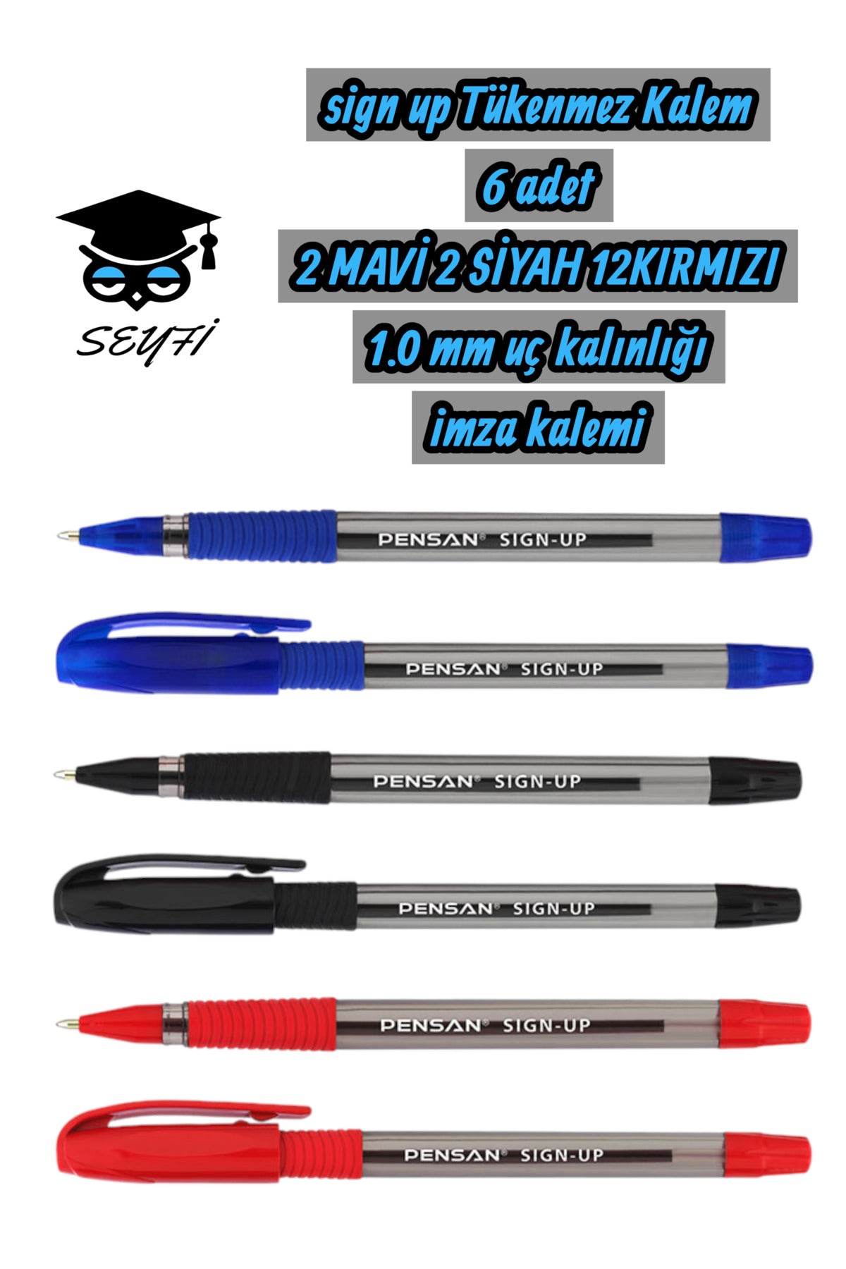 sign up Tükenmez Kalem 6 adet 2 MAVİ 2 SİYAH 12KIRMIZI 1.0 mm uç kalınlığı imza kalemi pensan TM