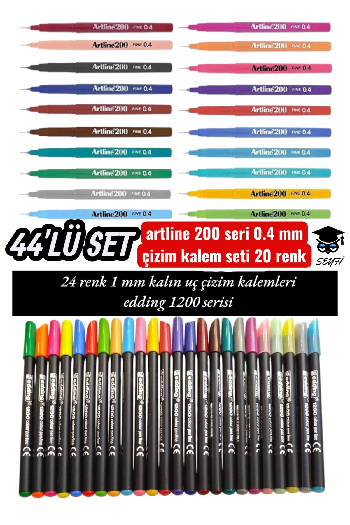 200 seri 0.4mm çizim kalem seti 20 renk ve 24 adet eDding 1 mm kalın uç kalem seti 44 KALEM