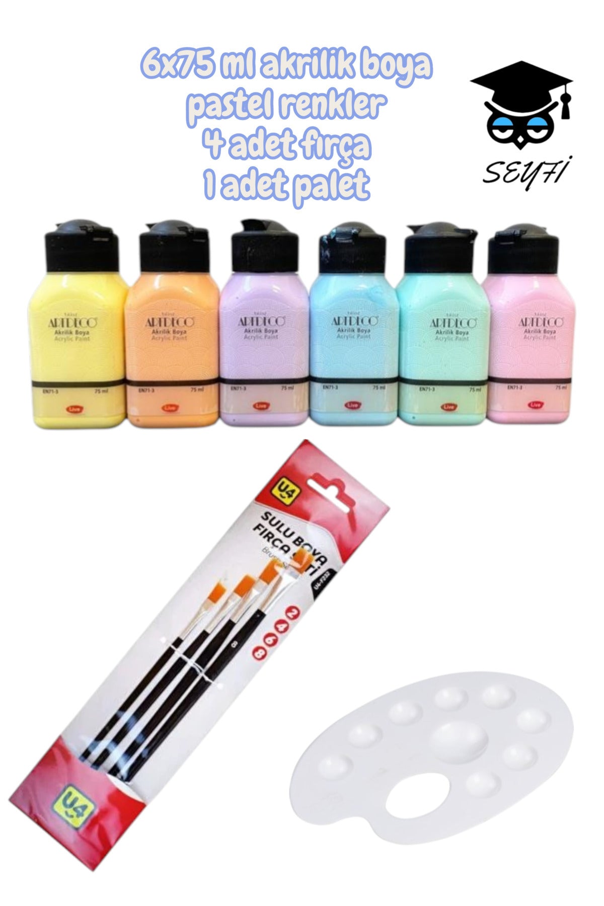 artdeco 6x75 ml akrilik boya pastel renkler 4 adet fırça 2-4-6-8 numaralar 1 adet palet