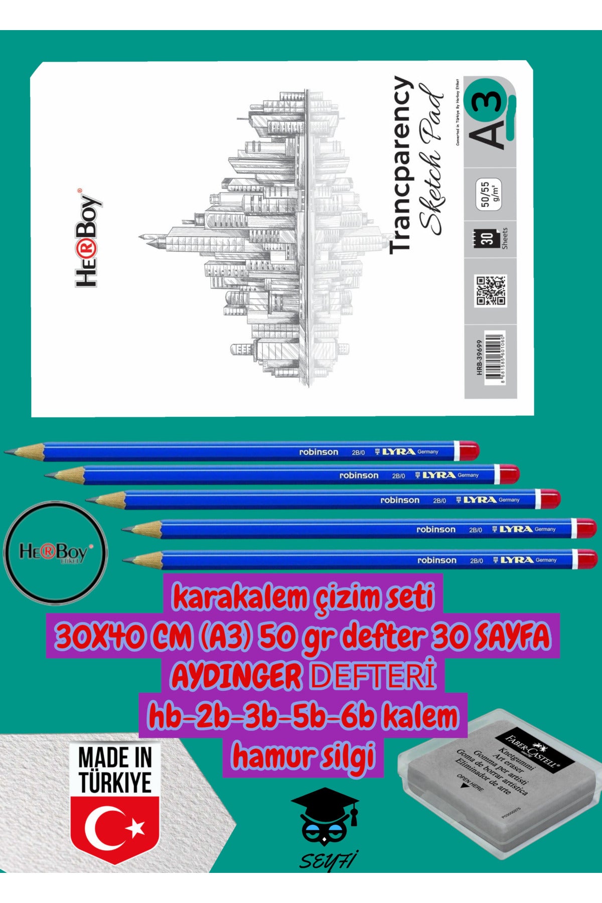 kara kalem çizim seti 30X40 CM A3 50 gr defter 30 SAYFA AYDINGER DEFTERİ hb-2b-3b-5b-6b kalem herboy
