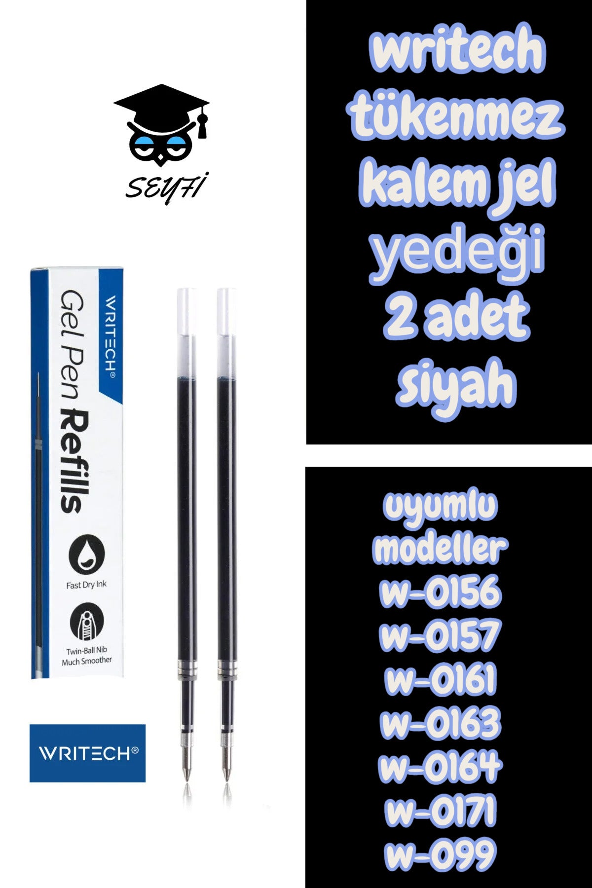 writech tükenmez kalem jel yedeği 2 adet siyah model w-0156 w-0157 w-0161 w-0163 w-0164 w-0171 w-099
