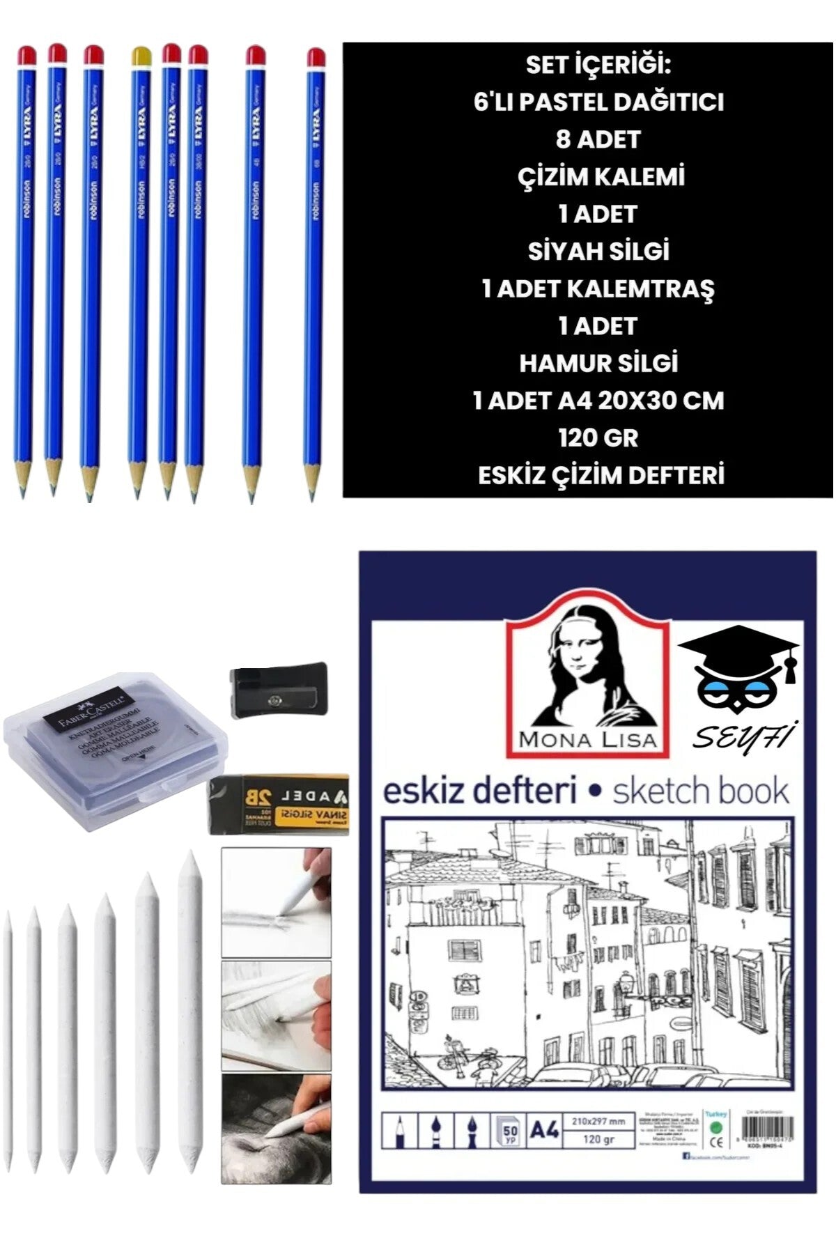 50 YAPRAK 120 GR A4 ESKİZ DEFTERİ KARA KALEM PASTEL DAĞITICI ÇİZİM SETİ TAM TAKIM
