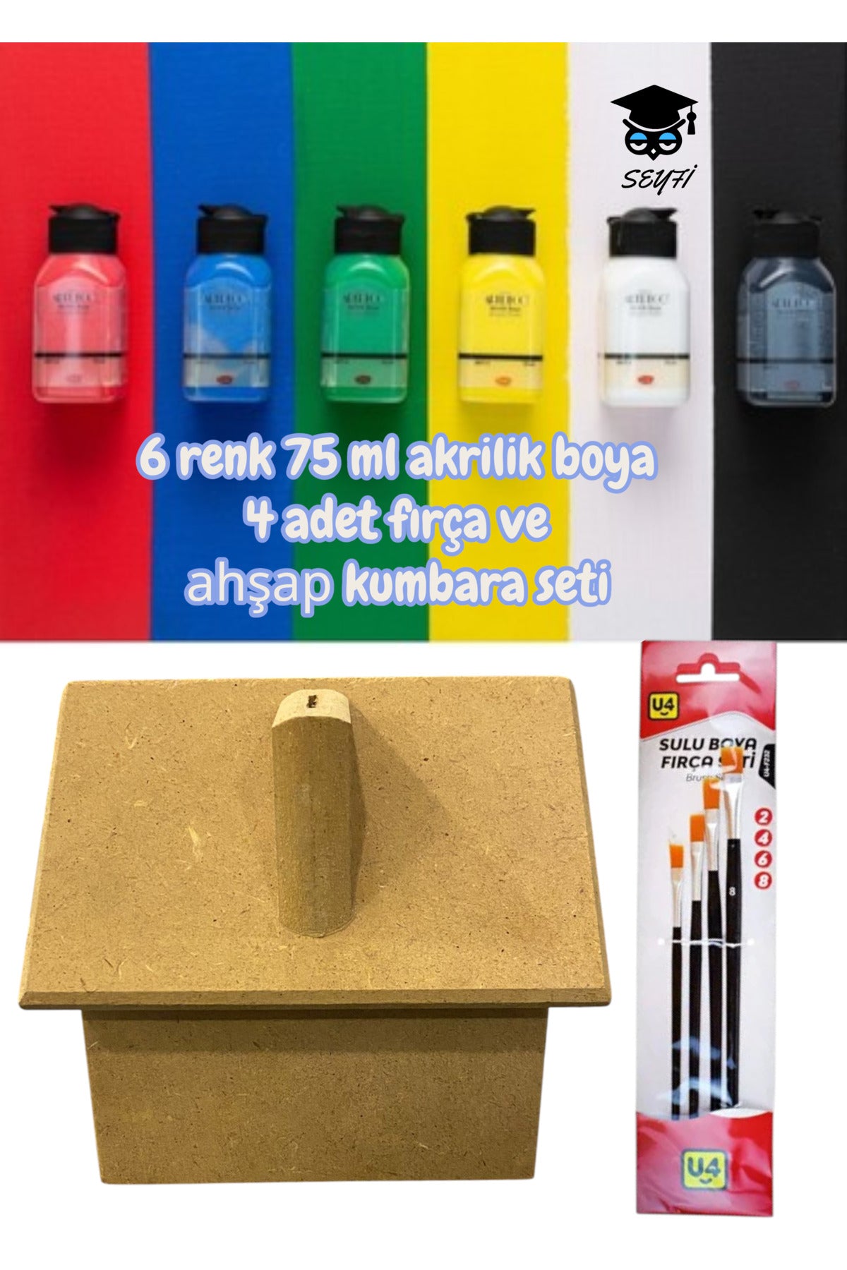 6 renk 75 ml akrilik boya 4 adet fırça ve ahşap kumbara seti KUMBARA EBATI 10X12X13 CM