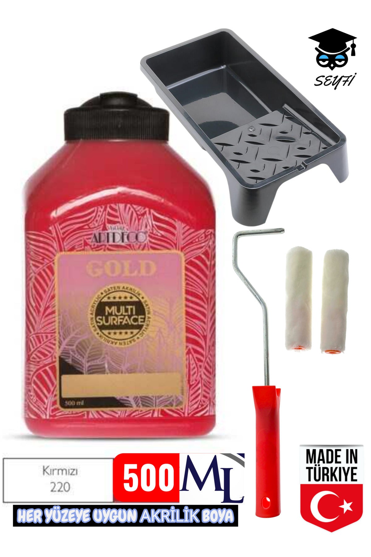 500 ml Multi Surface Akrilik boya seti her yüzeye uygun boya tavası ve rulo seti artdeco