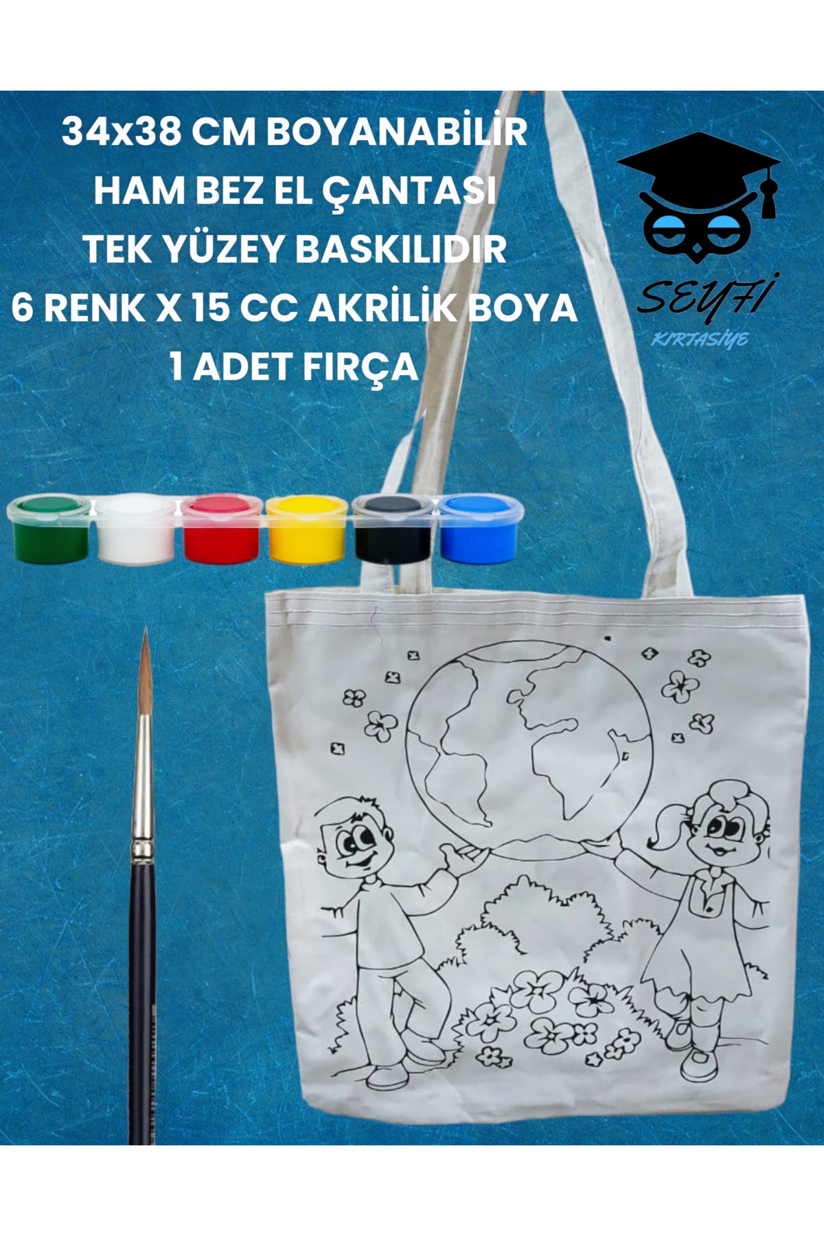 34x38 CM BOYANABİLİR HAM BEZ EL ÇANTASI TEK YÜZEY BASKILIDIR 6 RENK X 15 CC AKRİLİK BOYA 1 FIRÇA