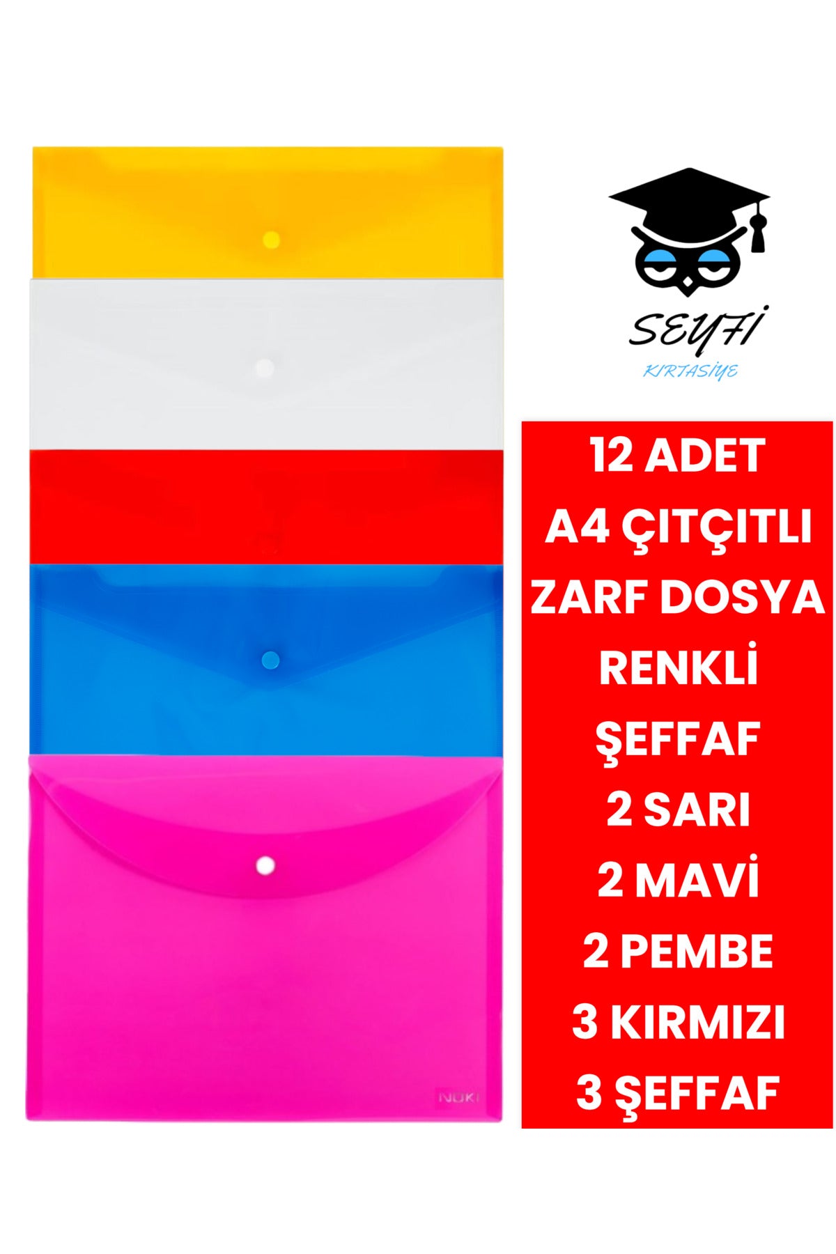 12 adet A4 çıtçıtlı zarf dosya renkli şeffaf 3 şeffaf 3 kırmızı 2 sarı 2 mavi 2 pembe Kalın mikron