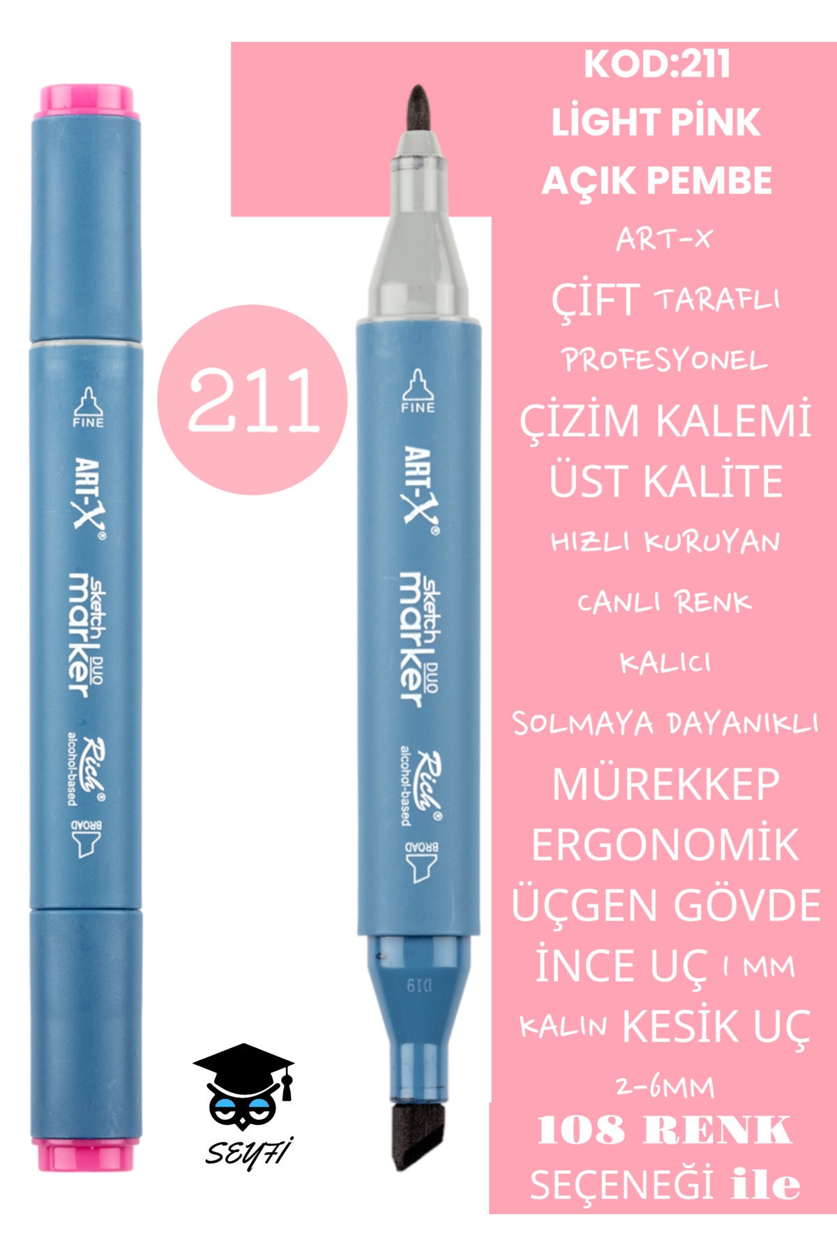 ÇİFT TARAFLI PROFESYONEL ÇİZİM KALEMİ KALICI MÜREKKEP ÜÇGEN GÖVDE İNCE UÇ 1 MM KESİK UÇ 2-6MM SKETCH