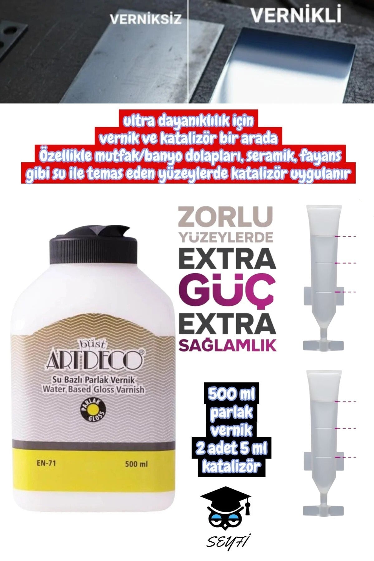 500 ml parlak vernik 2 adet 5 ml katalizör ıslak zemin vb zor tutunan yüzeylerde ekstra dayanıklılık