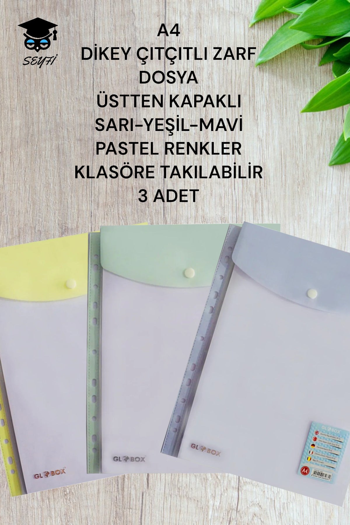 A4 DİKEY ÇITÇITLI ZARF DOSYA ÜSTTEN KAPAKLI SARI-YEŞİL-MAVİ PASTEL RENK KLASÖRE TAKILABİLİR 3 ADET