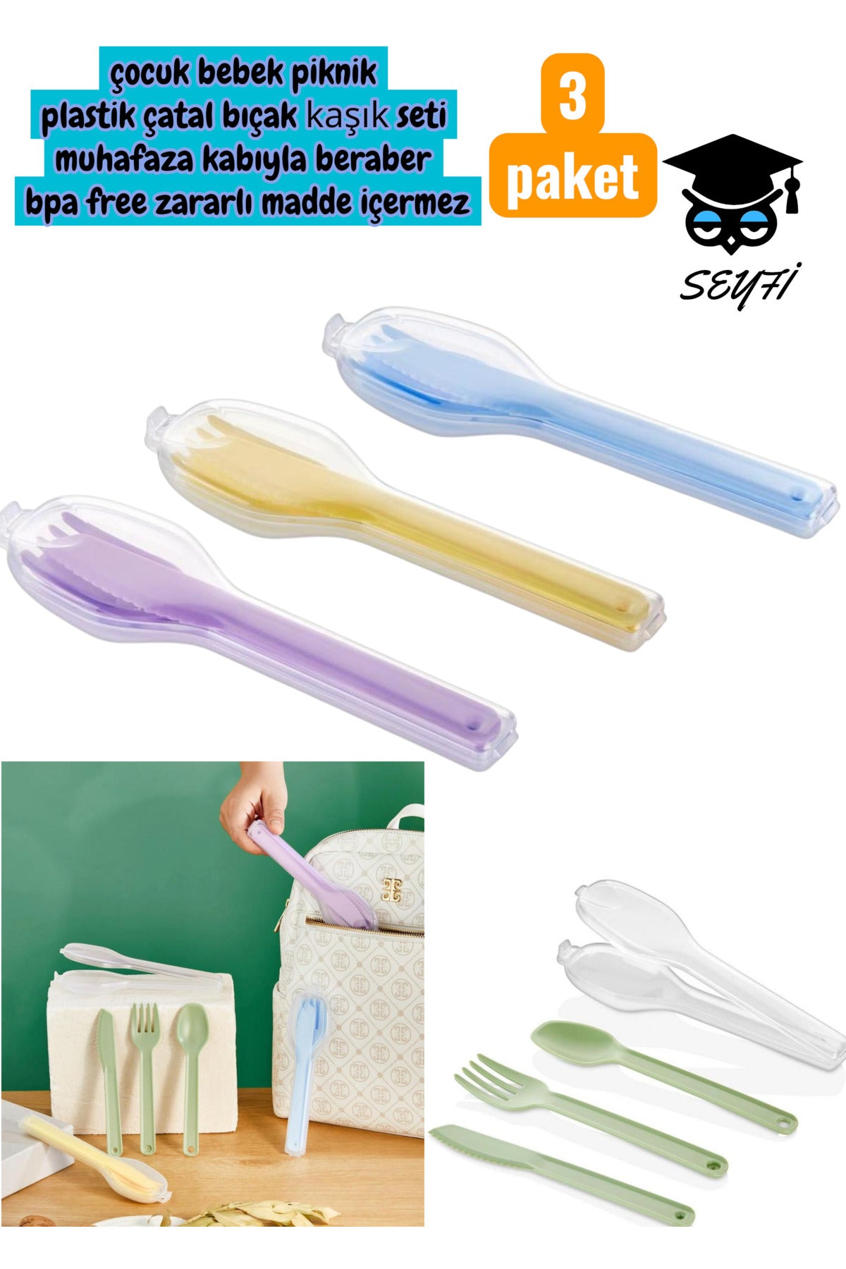 çocuk bebek piknik plastik çatal bıçak kaşık seti muhafaza kabıyla beraber bpa zararlı madde içermez