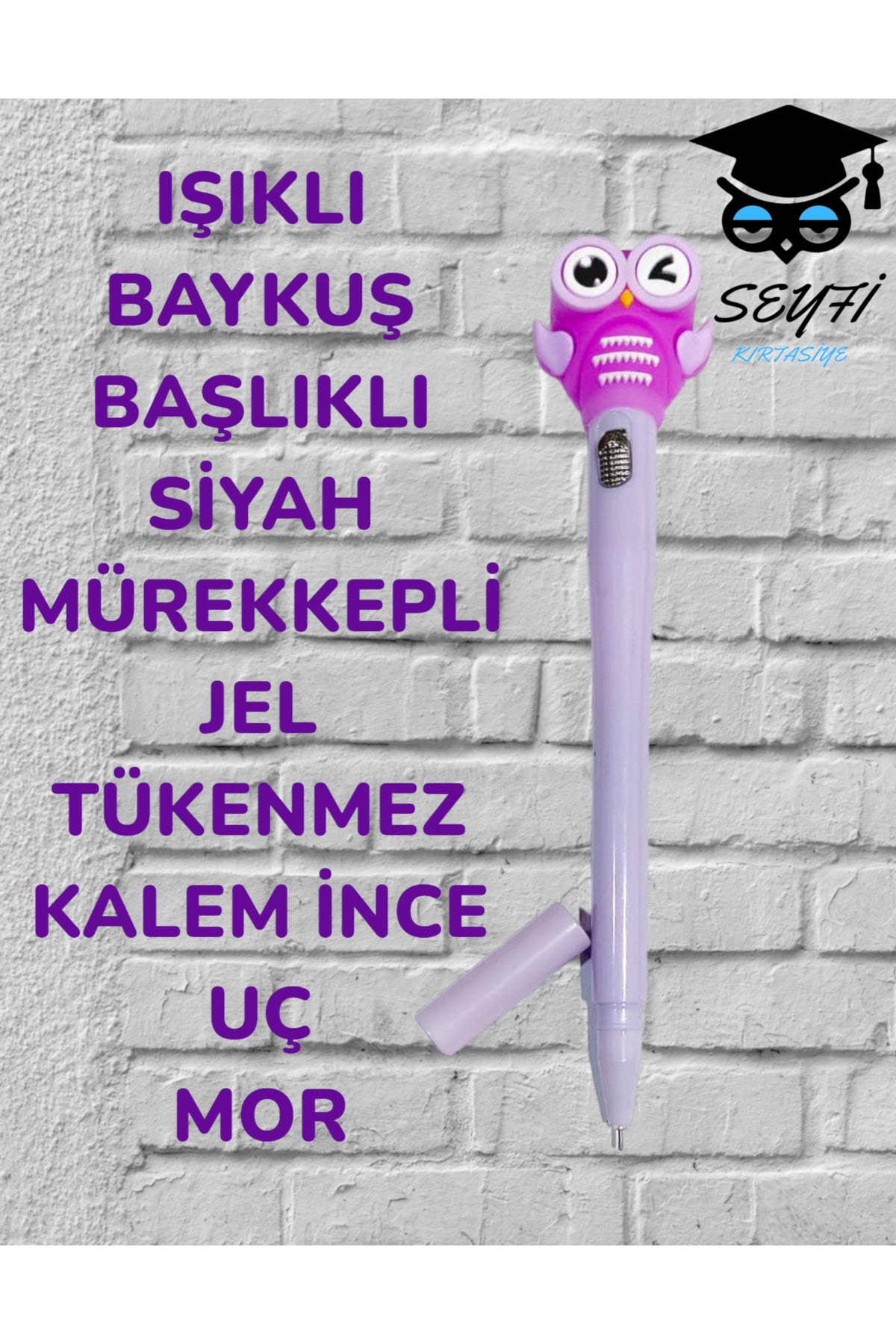 IŞIKLI BAYKUŞ BAŞLIKLI SİYAH MÜREKKEPLİ JEL TÜKENMEZ KALEM İNCE UÇ