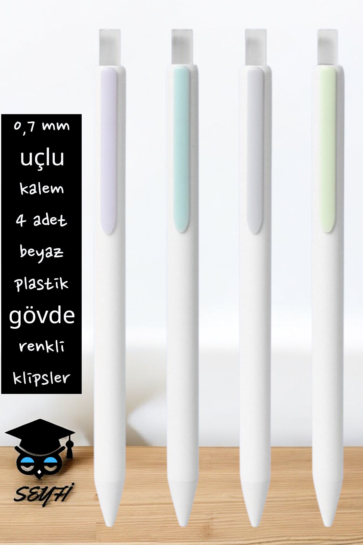 0,7 mm uçlu kalem 4 adet beyaz plastik gövde renkli klipsler