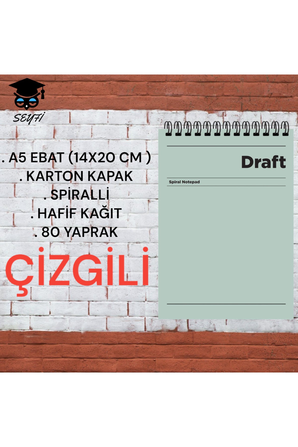 A5 14x20 Cm Çizgili 80 Yaprak Üstten Açılır Karton Kapak Telli Hafif Kağıt 1.hamur Perfore Draft Ser