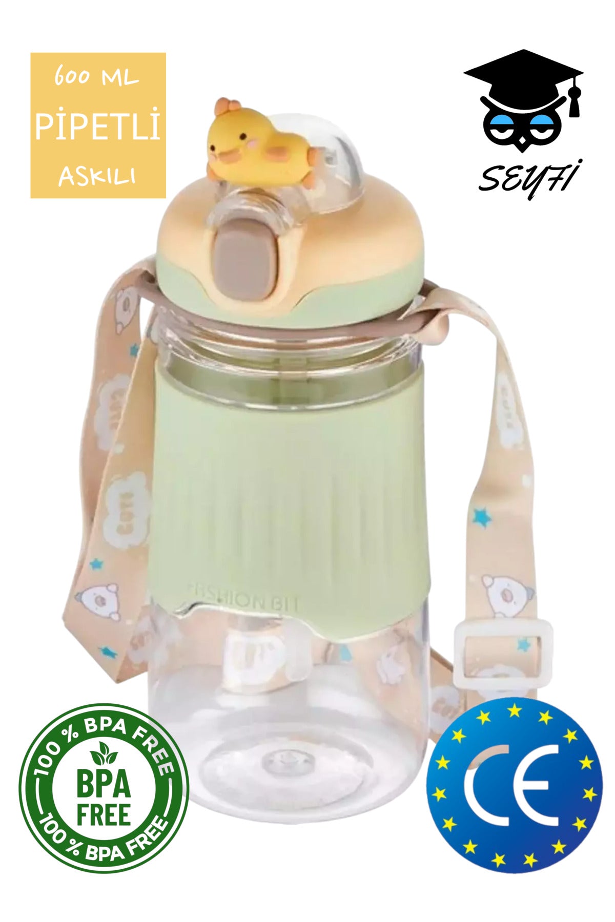 Pipetli 600 ml Boyun Askılı Kaydırmaz Gövde Hayvan Figürlü Su Matarası Vagonlife 2023