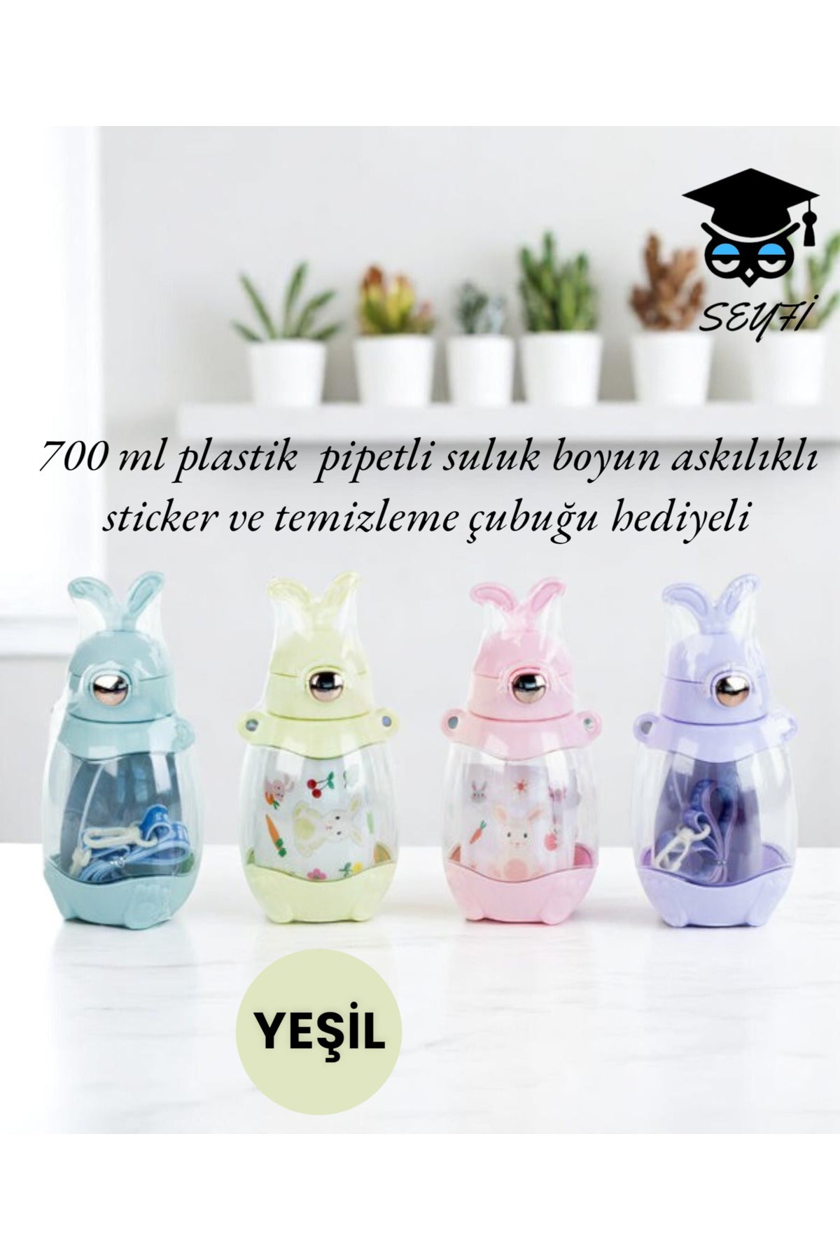 700 ml plastik pipetli suluk boyun askılıklı sticker ve temizleme çubuğu hediyeli