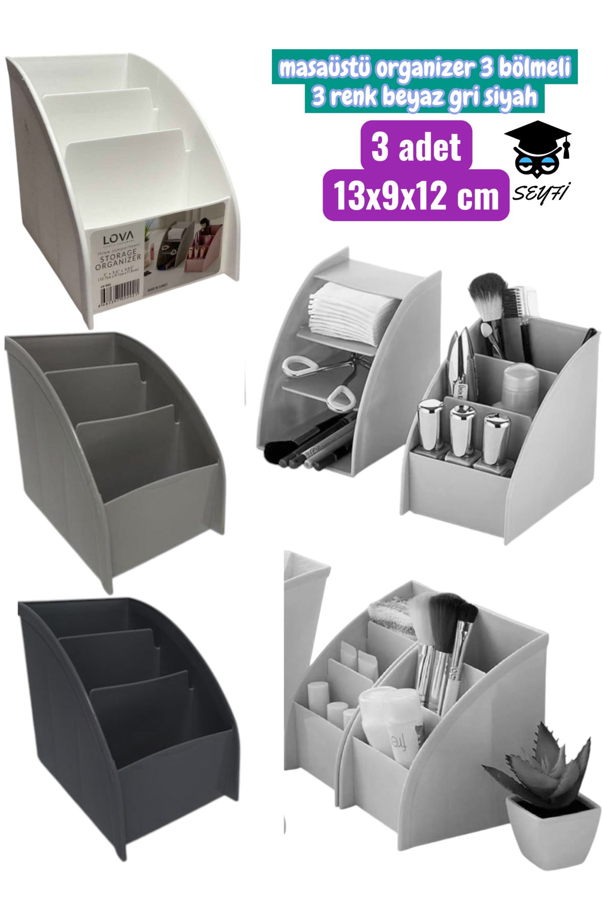 3 adet 13x9x12 cm masaüstü organizer 3 bölmeli 3 renk beyaz gri siyah