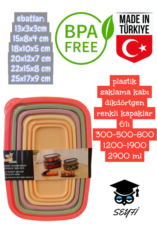 plastik saklama kabı dikdörtgen renkli kapaklar 6'lı 300-500-800-1200-1900-2900 ml