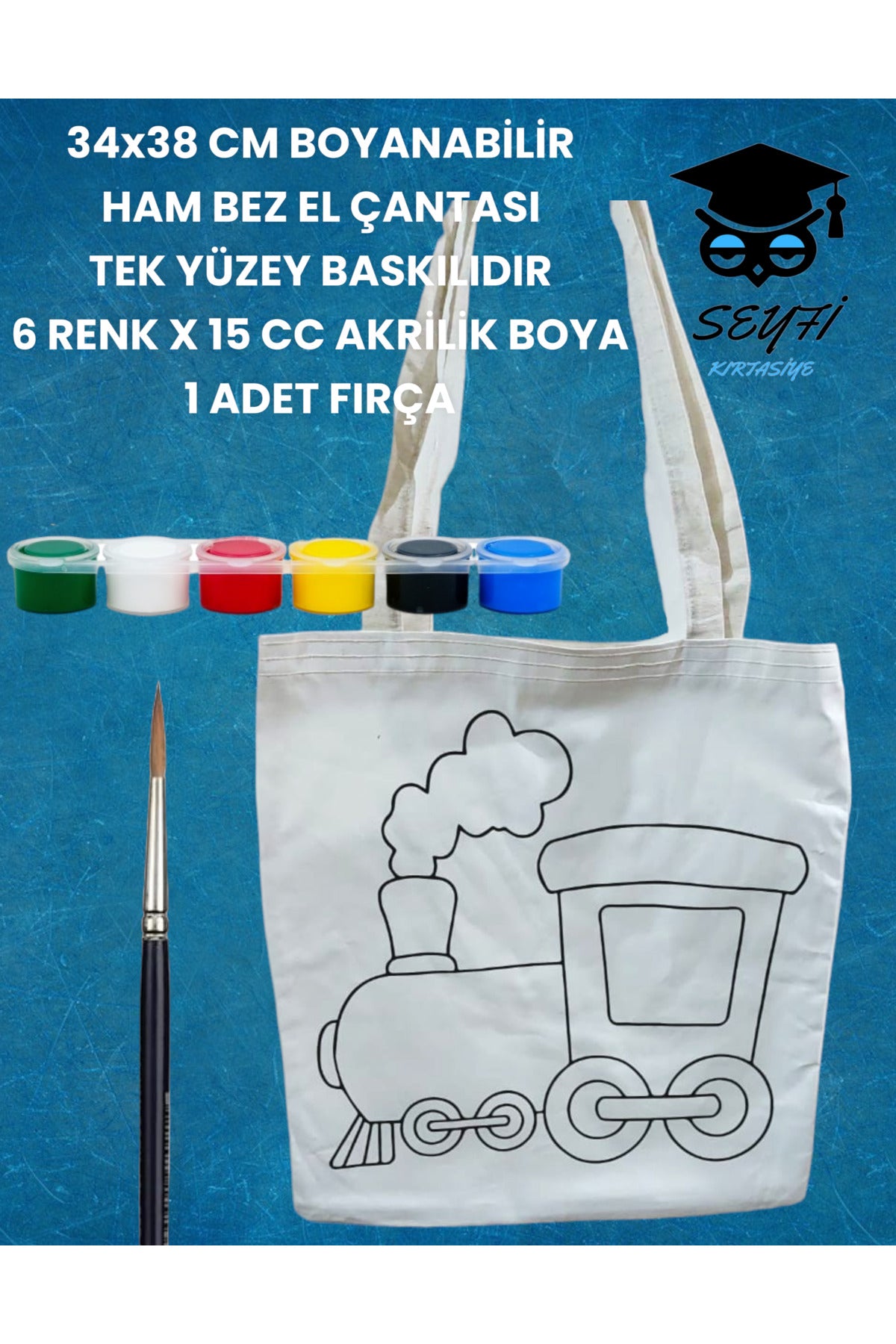 34x38 CM BOYANABİLİR HAM BEZ EL ÇANTASI TEK YÜZEY BASKILIDIR 6 RENK X 15 CC AKRİLİK BOYA 1 FIRÇA