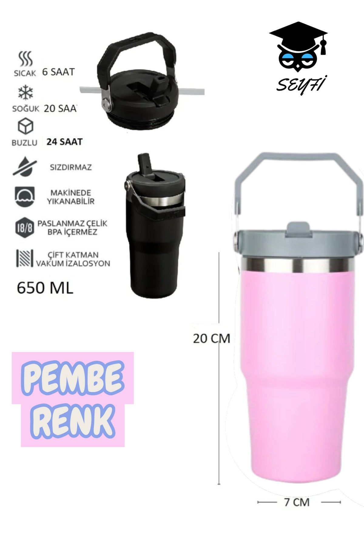 Çelik Termos Pipetli ve Tutmalı Üst Kısmı Geniş 650 ML